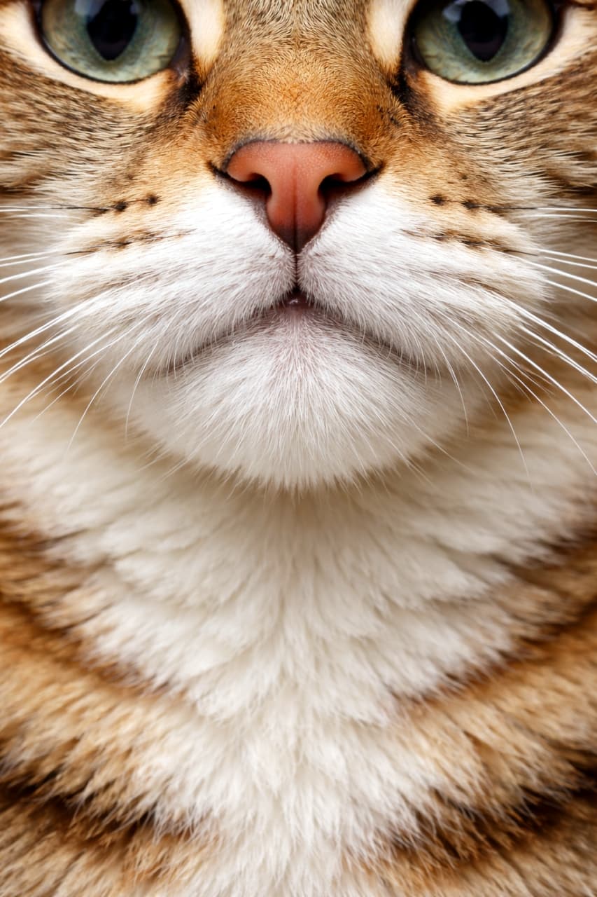 「もふもふの胸元とキリッとしたお口元…🐈✨ 猫ちゃんの美しさがギュッと詰まったドアップ写真です！ #猫のいる生活 #美猫」Ultra-realistic high-quality photograph featuring a symmetrical close-up of a tabby cat's face, highlighting its green eyes, pink nose, and detailed fur gradient. キジトラ猫の顔下半分の正面クローズアップ写真。美しいグリーンの瞳、ピンクの鼻、整ったひげがシンメトリーに配置され、毛並みのグラデーションが鮮明です