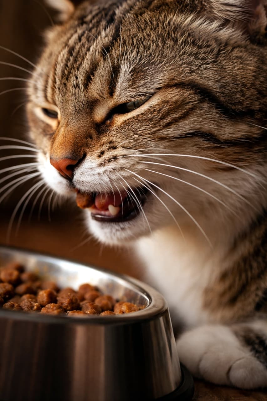 「あ〜ん、パクッ！😋ご飯の時間が待ちきれない猫ちゃんのお食事シーンをお届け🐟✨」Ultra-realistic high-quality photograph of a tabby cat eating dry cat food. Close-up of the mouth chewing kibble from a stainless steel bowl in the foreground. キャットフードを食べているキジトラ猫の口元のリアルなクローズアップ写真。カリカリを噛み砕く瞬間の表情と、手前にあるステンレス製のフードボウルが写っている