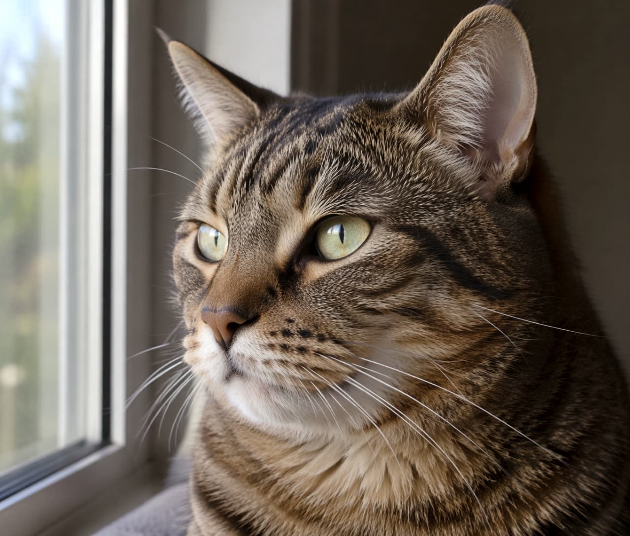 「窓辺でまったり外の景色を観察中🪟鳥さんでも飛んでいるのかな？光を浴びてキラキラ光るお目目がとっても綺麗ですね✨🐈」A large tabby cat sitting next to a window frame, calmly and intently gazing out at the scenery outdoors. 窓枠のすぐそばでお座りをして、リラックスした様子で外の景色をじっと眺めているキジトラ猫