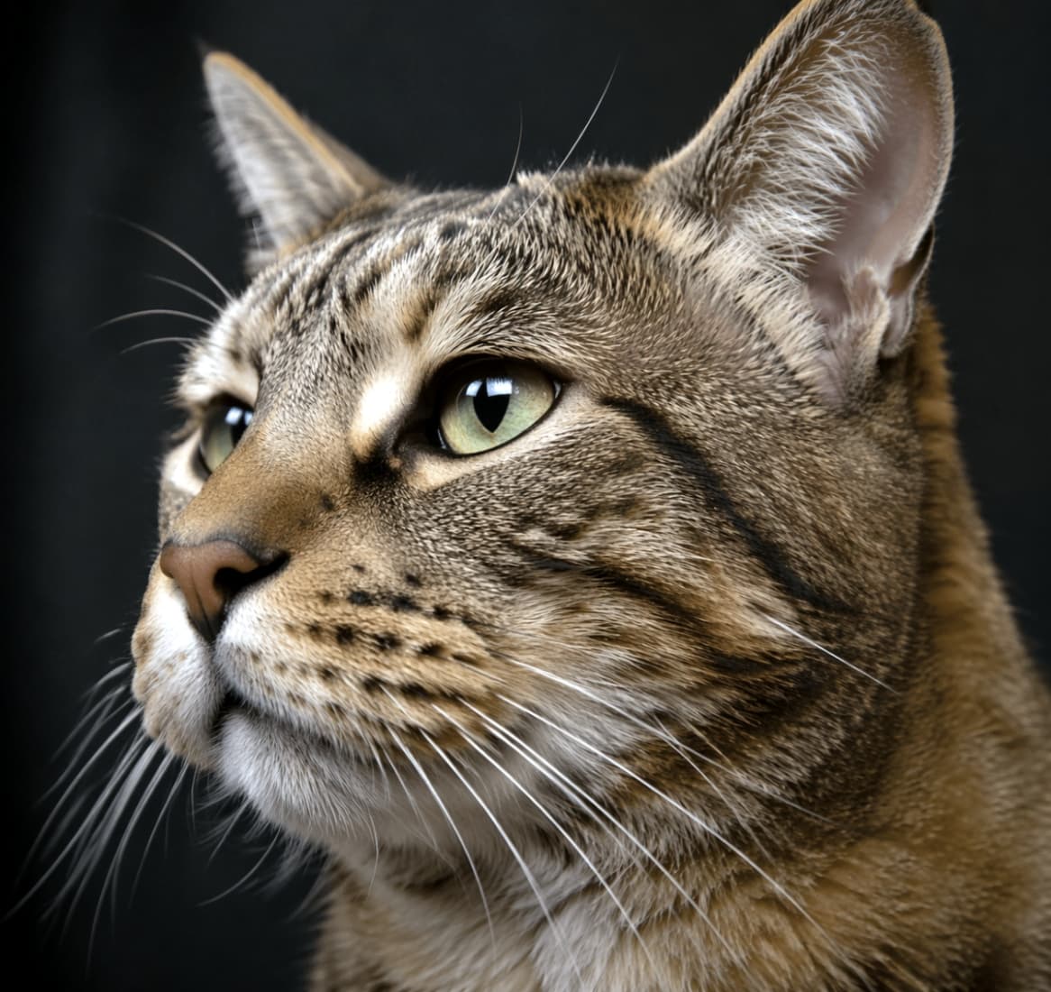 「黒背景でキメ顔のキジトラちゃん✨何か気になるものでも見つけたのかな？キリッとした横顔がとってもイケメンです🐈💕」A close-up profile portrait of a majestic tabby cat looking off to the side against a solid black background. 黒い背景を背にして、横を向いている凛々しいキジトラ猫の美しい横顔を捉えたクローズアップ写真