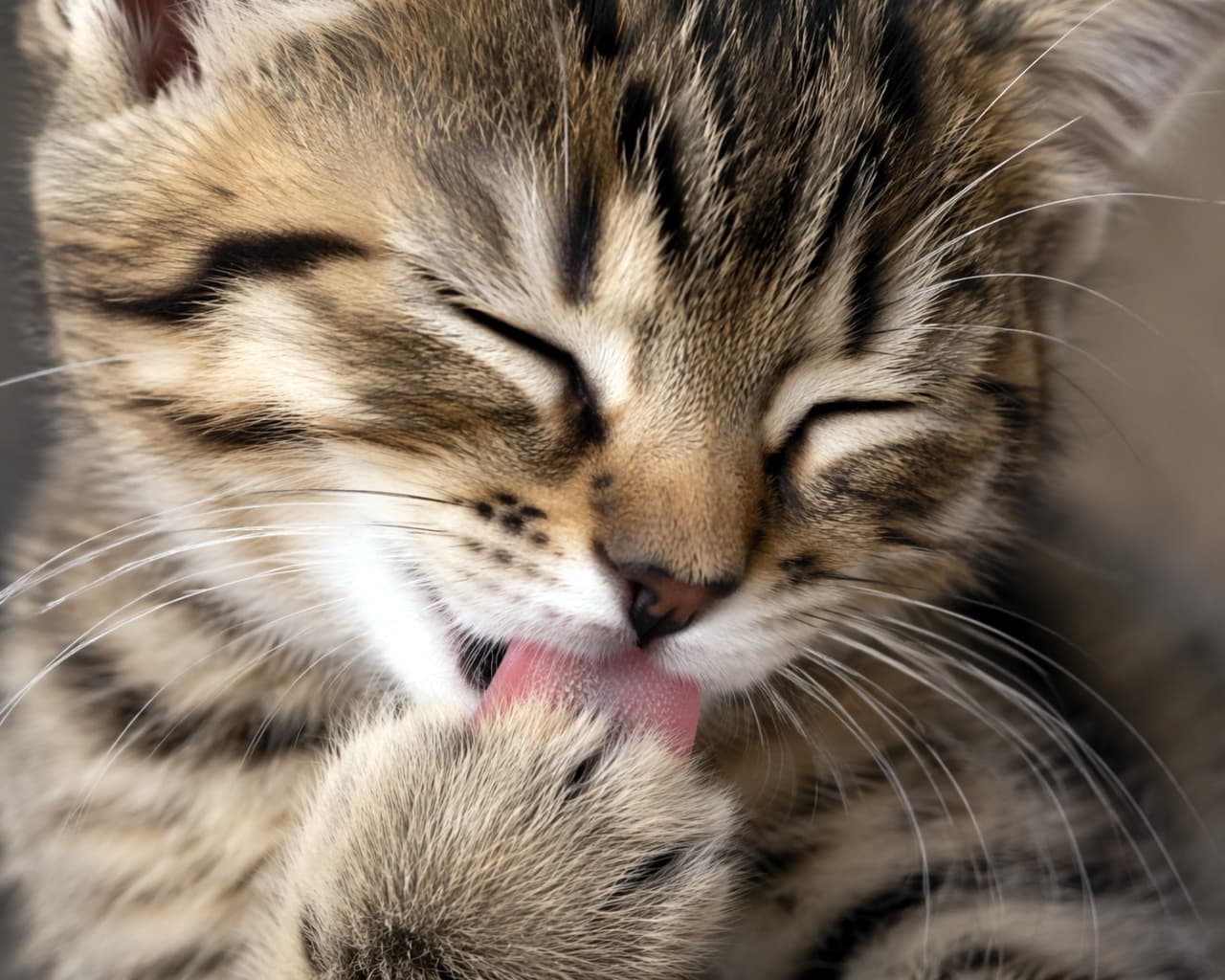 「ペロペロ…🐾おてての毛づくろいに夢中な子猫ちゃん！目をギュッとつぶる表情が愛おしすぎてキュン死しそう💖」A cute tabby kitten with its eyes closed, sticking out its pink tongue to thoroughly groom its front paw. 目をぎゅっと閉じてピンク色の小さな舌を出し、一生懸命に前足を毛づくろいしている可愛らしいキジトラの子猫