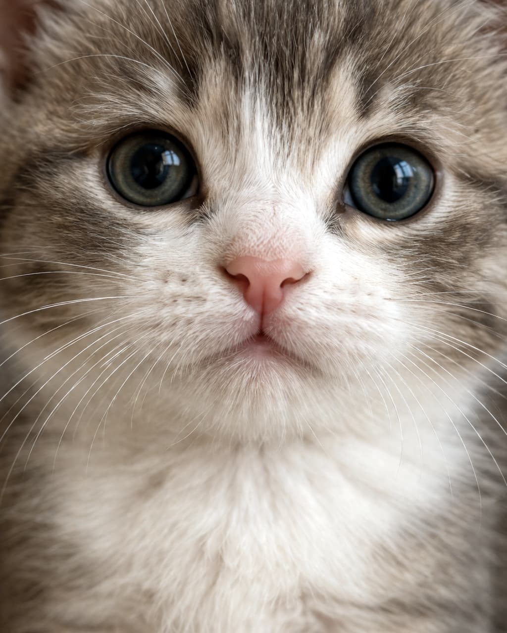 「この大きな瞳に見つめられたら…😍 まん丸おめめのキジ白子猫ちゃんにキュン！🐾 #子猫 #猫好き #キュン」Ultra-realistic high-quality photograph featuring a close-up of a tabby and white kitten looking directly forward. Large, round green eyes, a pink nose, and spreading whiskers are sharply defined. 画面いっぱいに広がるキジ白の子猫の真正面のドアップ。大きく丸い緑色の瞳、ピンク色の鼻、左右に広がるヒゲが鮮明に写っている