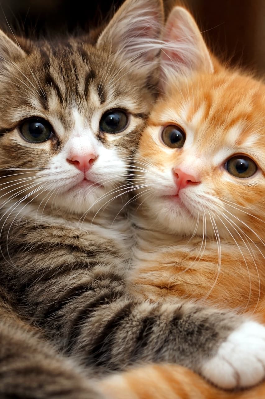 「仲良しこよしな2匹にキュン💖ずっと見ていられる最高の癒しコンビだよ〜🐱🐱 #子猫のいる生活 #仲良し猫」Ultra-realistic high-quality photograph of two adorable kittens, a brown tabby and an orange tabby, cuddling and pressing their faces together. A heartwarming shot with them looking directly at the camera with big, round eyes. キジトラと茶トラの2匹の子猫が顔を寄せ合い、抱き合うようにくっついている可愛らしい様子。くりくりとした大きな瞳でカメラを見つめる、愛情あふれる高画質写真