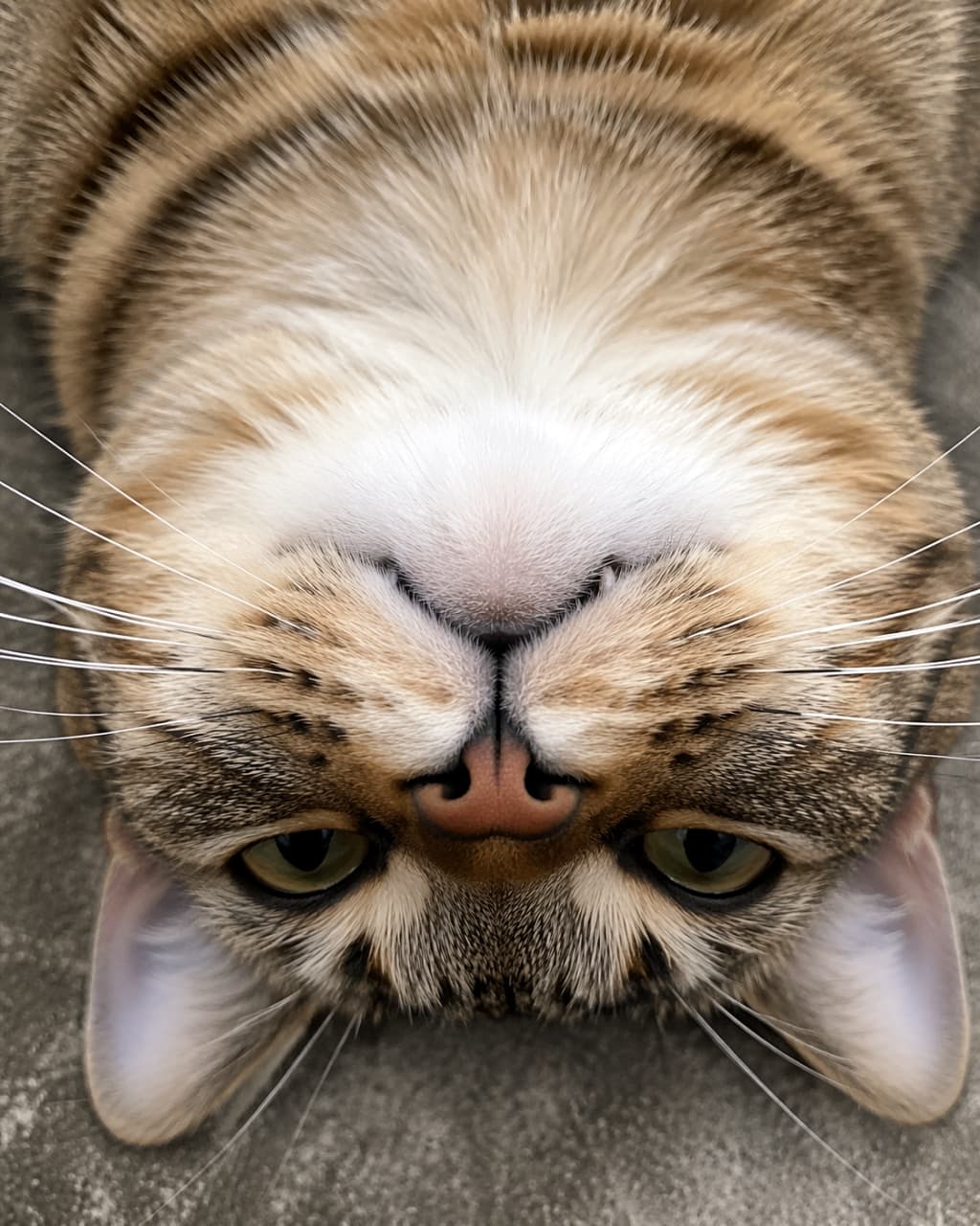 「にゃんとビックリの逆さまアングル！🙃ゴロンと仰向けになってカメラを見つめるお顔が、ユーモアたっぷりで最高です😂📸」An amusing portrait of a tabby cat looking directly into the camera while lying completely upside down on a gray surface. グレーの床の上で完全に仰向けの状態で寝転がり、逆さまの視点からカメラをじっと見つめているユーモラスなキジトラ猫
