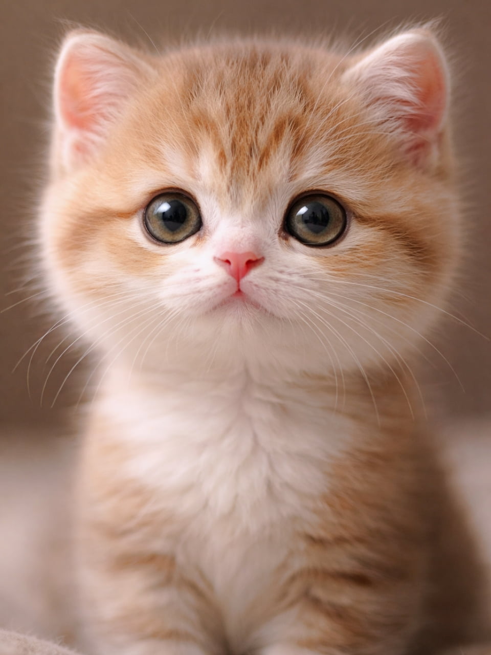 「このウルウルの瞳で見つめられたら、もうメロメロ間違いなし🥺💓 癒やし効果バツグンの天使すぎる子猫ちゃんです！」An ultra-realistic high-quality photograph of an adorable fluffy kitten with big round eyes and a tiny pink nose, captured in a close-up portrait. 大きな黒目がちな瞳で見つめる、茶色と白のフワフワな子猫のクローズアップ写真。柔らかい産毛の質感やピンク色の小さな鼻が、極めてリアルかつ愛らしく描写されています