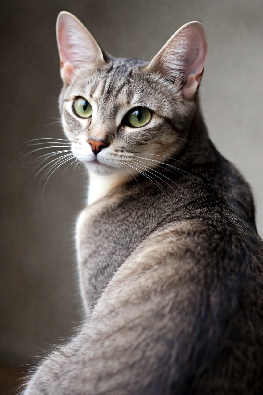 「その見返りポーズはずるい！🥺 惹き込まれるような瞳にドキドキ💓 #キジトラ #ねこのいる暮らし」Ultra-realistic high-quality photograph of a beautiful tabby cat looking back over its shoulder, featuring clear green eyes and a softly blurred neutral background. 背中越しにこちらを振り向く、美しい毛並みのタビーキャットのポートレート。澄んだグリーンの瞳とシャープな顔立ちが魅力的で、背景は自然にぼかされている