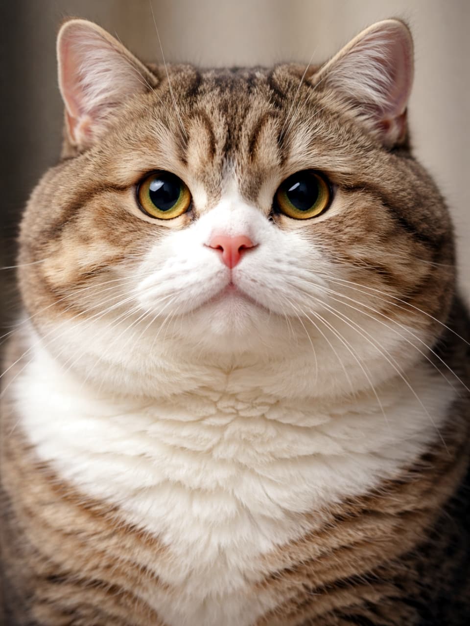 「まん丸おめめとふっくらほっぺが可愛すぎますよね😍 思わず画面越しに撫でたくなるような一枚です✨」An ultra-realistic high-quality photograph of a chubby British Shorthair cat with brown and white tabby fur. The close-up portrait captures its big round eyes and fluffy texture under soft lighting. ふっくらとしたマズルと大きくて丸い瞳が特徴的な、茶色と白のブリティッシュショートヘアの正面アップ写真。柔らかな光が被写体を包み込み、毛並みの質感がリアルに表現されています