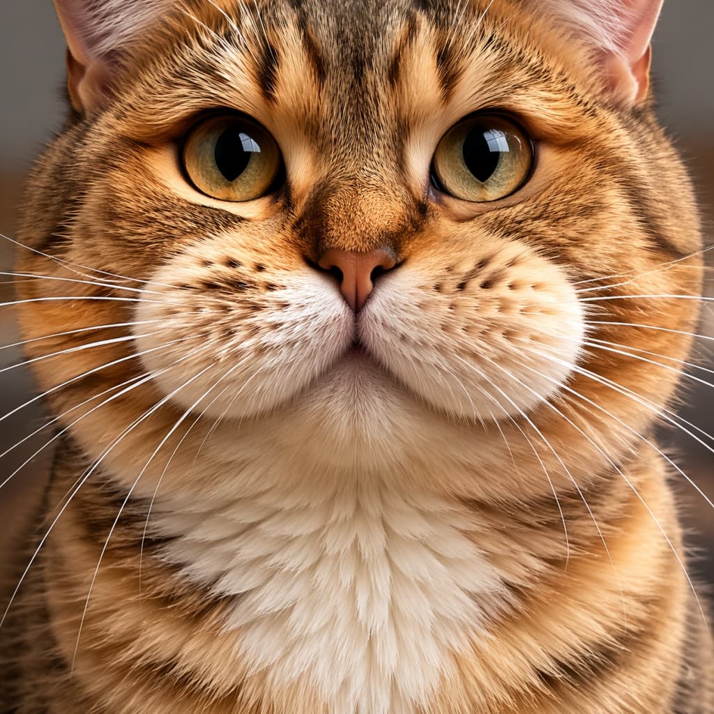 「画面いっぱいの猫顔ドーン‼️🐈 ぷっくりした「ひげ袋」の魅力、伝わってますか？🔍✨ #猫の顔 #ひげ袋」Ultra-realistic high-quality extreme close-up photograph of a ginger tabby cat's face, focusing on its plump whisker pads, sharp whiskers, and large round eyes.　茶トラ猫の顔面を真正面から捉えた超極限クローズアップ写真。ぷっくりとしたひげ袋とピンと張ったヒゲ、丸い瞳が鮮明に描写されている