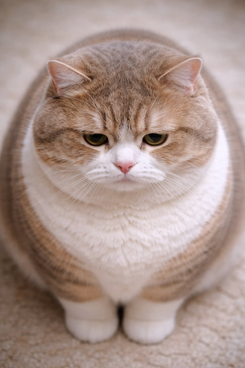 「この「もっちり感」がたまらない🤤💕 ぽてっと座る姿に思わず撫でたくなること間違いなし🐾 #もふもふ #ぽっちゃり猫」Ultra-realistic high-quality top-angle photograph of a chubby, round-faced ginger and white cat sitting on a soft surface, looking slightly down with a serious expression. 上からのアングルで撮影された、丸顔でぽっちゃりとした体型の茶白猫の写真。少し下を向いて真顔で座っている