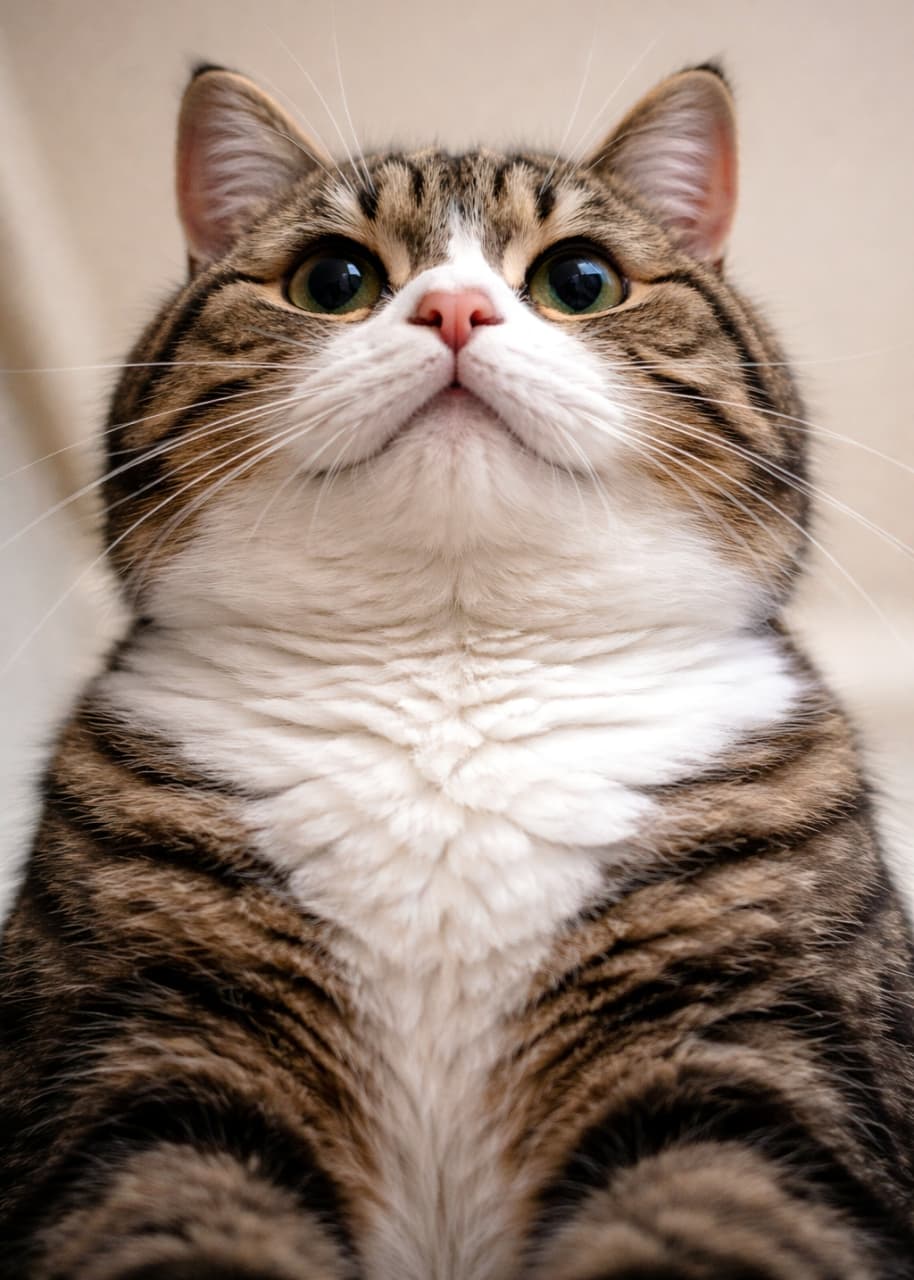 「この見上げるアングル、反則級の可愛さですよね🥺💕 ふわふわの胸元にダイブしたいっ！🐈」Ultra-realistic high-quality photograph of a chubby tabby and white cat looking up, shot from a low angle. Adorable expression with big round eyes against a bright beige background. 下からのアングルで撮影された、ふっくらとしたキジ白猫のクローズアップ。まん丸の目で見上げる愛らしい表情。背景は明るいベージュ