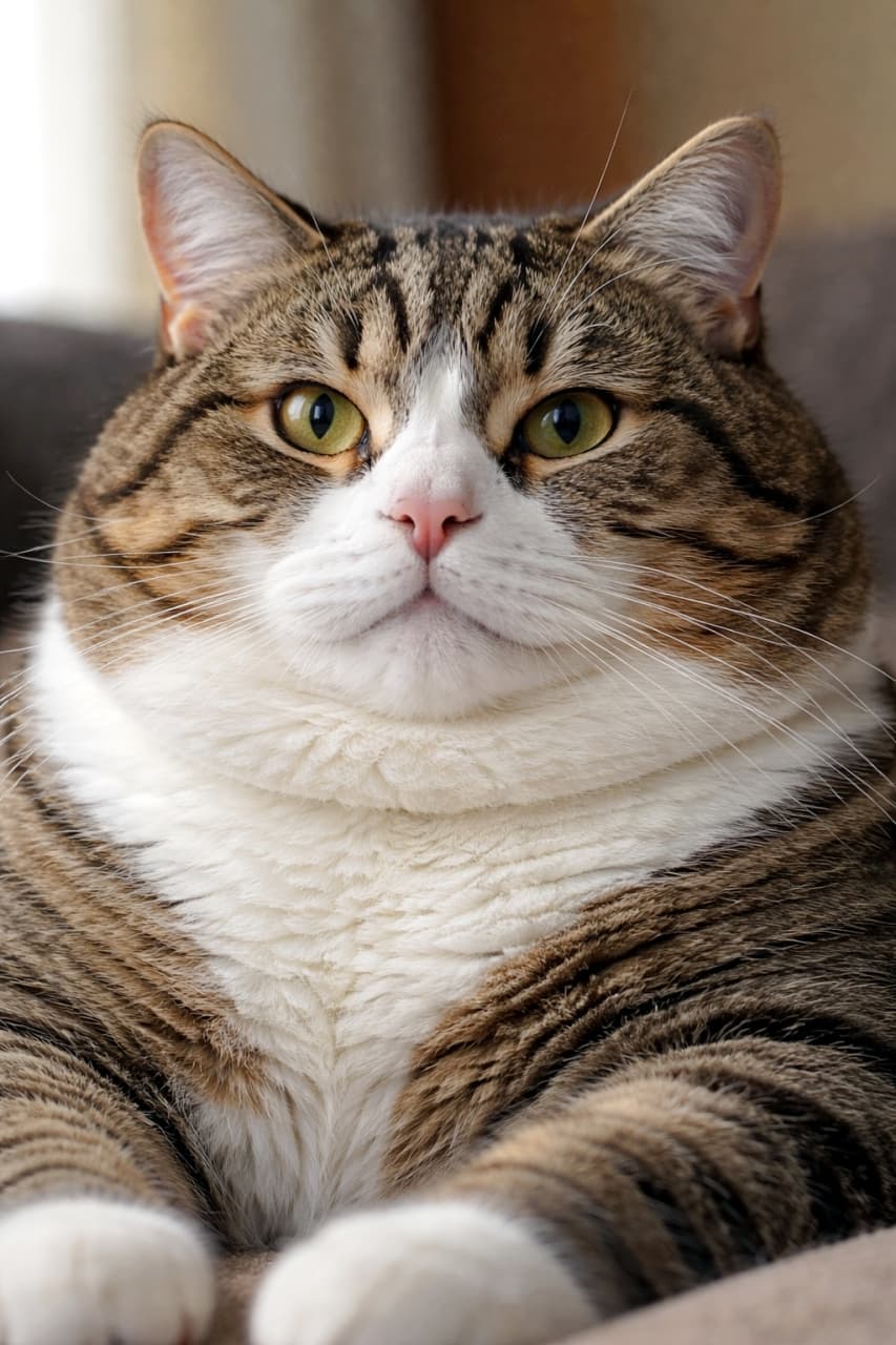 「この堂々たる貫禄！😎👑 リラックスモードのぽっちゃり猫さんに、日々の疲れも吹き飛びますね☕️🐾 #デブ猫 #猫のいる生活」Ultra-realistic high-quality close-up photograph of a chubby tabby and white cat relaxing with a calm expression, highlighting its full chin and fluffy chest fur. 落ち着いた表情でリラックスしている、ぽっちゃりとしたキジ白猫のクローズアップ写真。ふくよかな顎と胸元の豊かな毛並みが強調されている