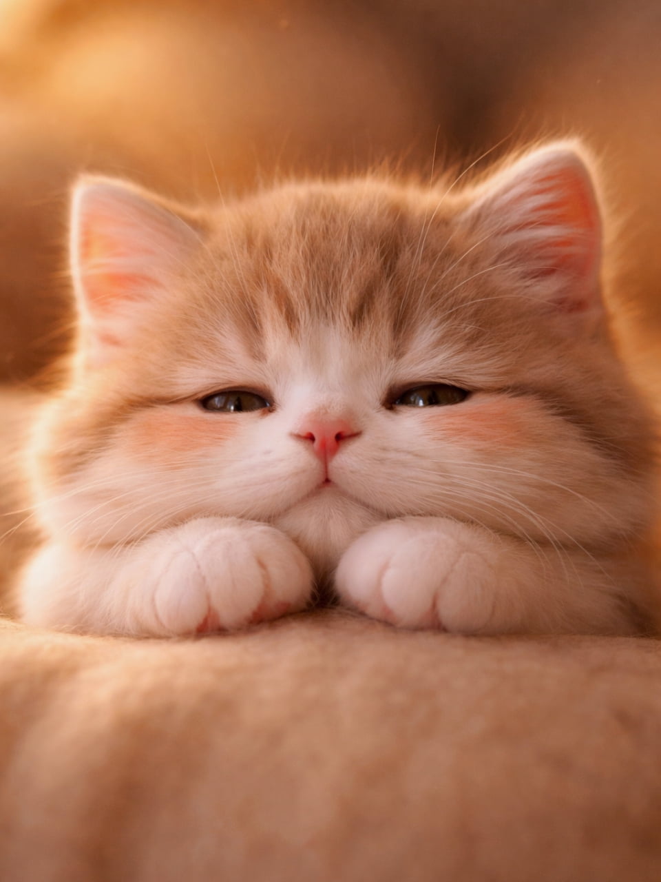 「ぽかぽか陽気でウトウト…💤 どんな夢を見ているのかな？💭 #子猫 #お昼寝猫」Ultra-realistic high-quality photograph of a cute fluffy kitten resting its chin on its paws, bathed in warm, golden sunlight. 暖かなオレンジ色の光に包まれ、前足に顎を乗せてまどろむ子猫のクローズアップ。ふわふわの毛とピンク色の鼻、眠そうな瞳が愛らしい