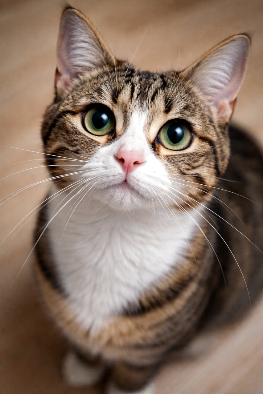 「そんなお顔で見上げられたら、なんでも言うこと聞いちゃいそう🥰 クリクリのおめめが反則級の可愛さです！」An ultra-realistic high-quality photograph of a cute tabby and white cat looking up at the camera. Its big round eyes and fluffy white chest create a friendly and adorable impression. カメラを少し見上げるような構図で撮影された、キジ白猫の愛らしいポートレート。まん丸の大きな瞳とふっくらとした白い胸元が強調され、親しみやすさを感じさせます