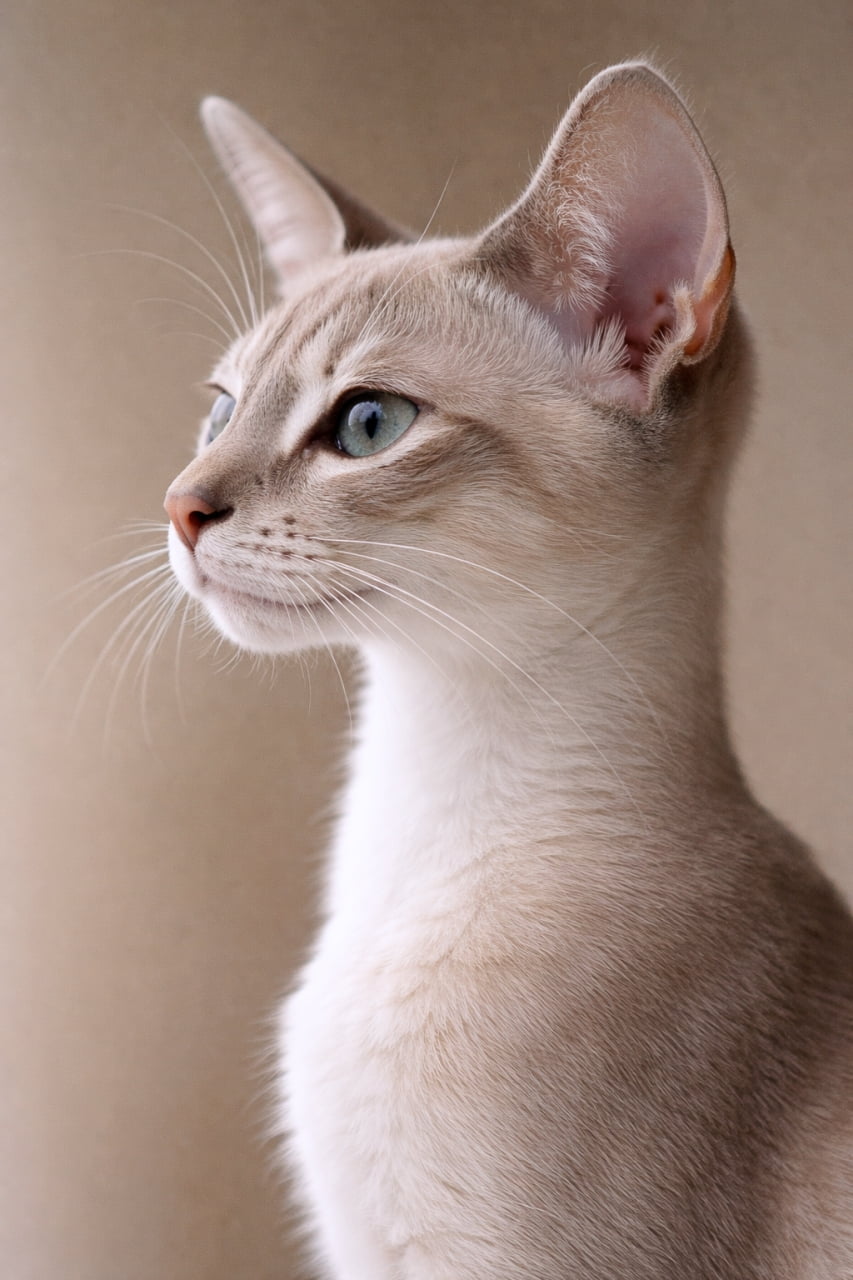 「スッと通った鼻筋と涼しげな横顔にうっとり…🐈💕 エレガントな雰囲気を演出したい時に大活躍の予感！」An ultra-realistic high-quality photograph of an elegant slender cat with light brown fur in profile. The smooth texture of the coat and the graceful expression are beautifully captured. 薄い茶色の毛並みを持つ、スリムで優雅な猫の美しい横顔をとらえた写真。滑らかな被毛の質感とピンと立った耳、遠くを見つめるような涼しげな目元が印象的です