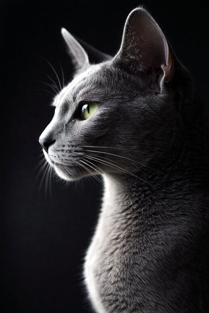 「まるで彫刻のような美しさ✨ クールな横顔と見事な毛並みにうっとりしちゃう…🌙 #ロシアンブルー #美猫」Ultra-realistic high-quality photograph of an elegant Russian Blue cat in profile against a dark background, beautifully highlighting its smooth blue-gray coat and bright eyes. 黒い背景に浮かび上がる、優雅なロシアンブルーの猫の横顔。滑らかなブルーグレーの毛並みと、澄んだ瞳が美しい光で強調されている