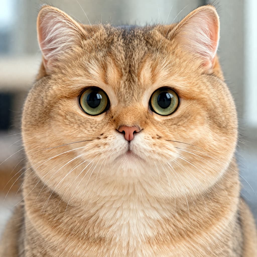 「まるでぬいぐるみ！？🧸もっふもふのほっぺに顔をうずめたくなっちゃう可愛さです🤤💕 #ブリティッシュショートヘア #もふもふ部」Ultra-realistic high-quality photograph featuring a close-up frontal portrait of a fluffy golden British Shorthair cat. A highly detailed shot emphasizing its perfectly round face, large eyes, and chubby muzzle. 画面いっぱいに顔が写された、ふわふわなゴールデンブリティッシュショートヘアの正面ポートレート。真ん丸な顔と大きな瞳、ふっくらとしたマズルが強調された、超高解像度のリアルな写真