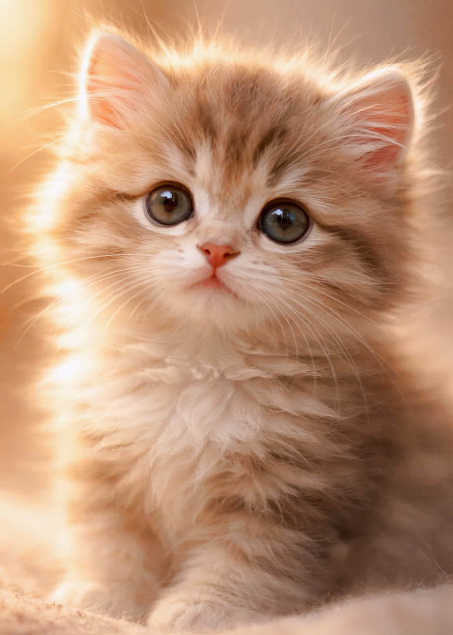 「天使すぎませんか…🥺✨ ふわっふわの毛並みと見つめる瞳にキュン死確定です💖 #子猫 #猫のいる暮らし」Ultra-realistic high-quality photograph of a fluffy ginger tabby kitten close-up, illuminated by soft backlit golden hour light, looking directly at the camera with large round eyes. 夕暮れ時の柔らかな逆光に包まれた、長毛の茶トラ子猫のクローズアップ写真。大きな丸い瞳でカメラを見つめている