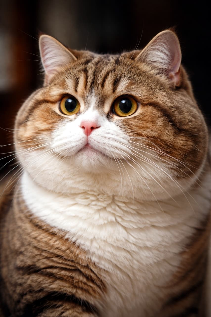 「上を見つめるお顔がキュートすぎる！🚀 何か面白いものを見つけたのかな？✨ #猫のいる生活 #もふもふ」Ultra-realistic high-quality photograph of a fluffy round-faced brown and white cat looking up with curiosity, featuring big, bright eyes and plump cheeks. 何かを興味深そうに見上げている、茶色と白の丸顔の猫のクローズアップ。ふっくらとした口元と、光を反射して輝く大きな瞳が可愛らしい