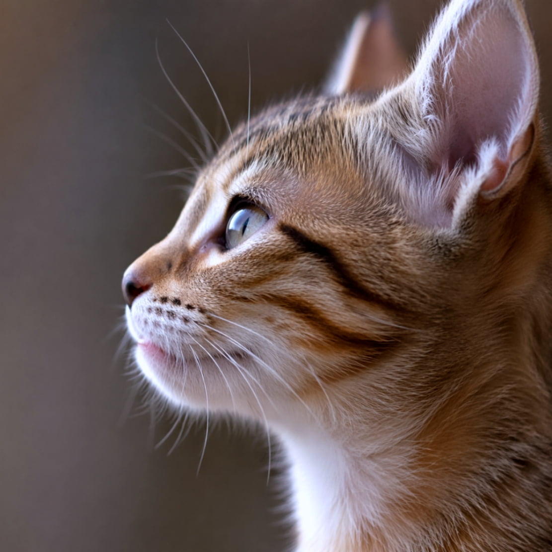 「何を見つめているのかな？👀キラキラした瞳に吸い込まれそう💖 #子猫 #にゃんすたぐらむ」Ultra-realistic high-quality photograph of a bright ginger tabby kitten looking up with clear eyes and soft fur in profile. 何かを熱心に見つめる、明るい茶トラの子猫の美しい横顔の超高画質写真。澄んだ瞳と柔らかな毛並みが特徴的