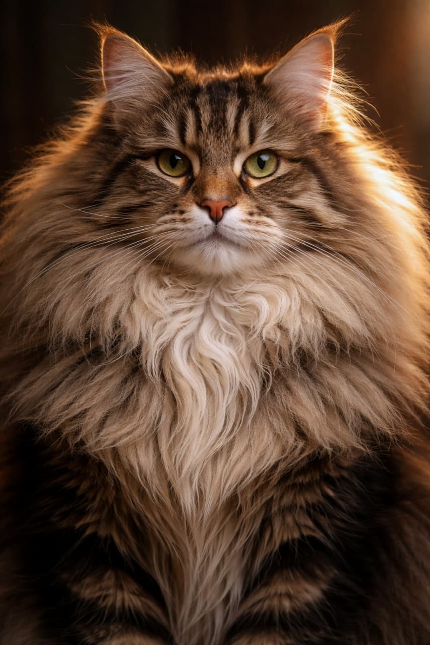 「このモフモフ感と圧倒的なオーラ！👑 まるで森の王様みたいでかっこいい✨ #メインクーン #長毛猫」Ultra-realistic high-quality photograph of a majestic Maine Coon cat illuminated by backlighting, making its long, fluffy fur glow like a lion's mane. 逆光を浴びてライオンのたてがみのように毛並みが輝く、長毛のメインクーンキャットの正面ポートレート。堂々とした佇まいと力強い視線が印象的