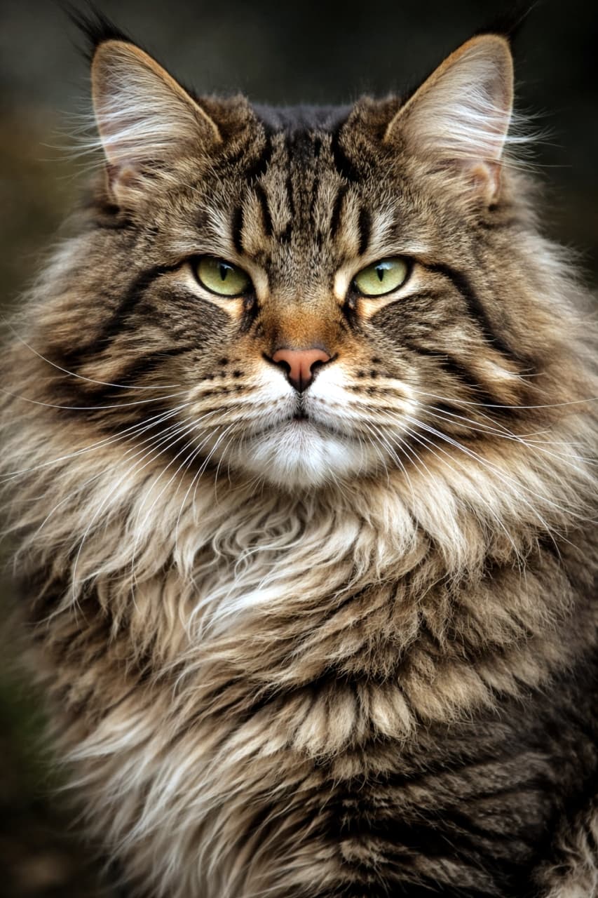 「森の王者のような風格にうっとり…🌲✨ モフモフの胸毛とクールな瞳に吸い込まれそうです！🐈‍⬛」Ultra-realistic high-quality photograph of a majestic long-haired Maine Coon cat in a front-facing portrait. Featuring a sharp gaze and rich ruff, with a dark blurred background. 野生味あふれる長毛のメインクーンキャットの正面ポートレート。鋭い眼差しと豊かな飾り毛が特徴的で、背景は暗くぼかされている