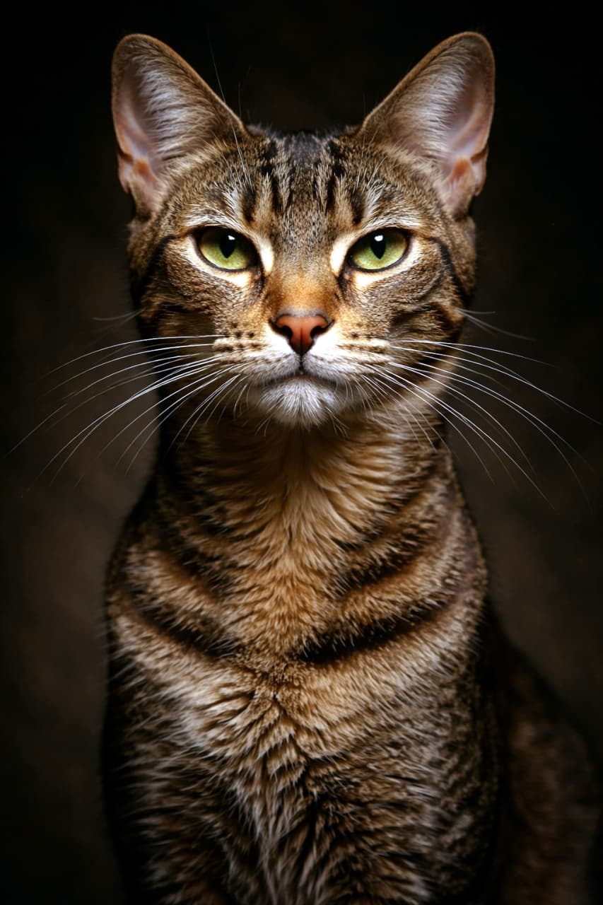 「暗闇から浮かび上がるようなクールな表情に釘付け！🐾 かっこいいデザインや大人っぽい雰囲気に合わせたい一枚ですね😎」An ultra-realistic high-quality photograph of a majestic tabby cat looking directly at the camera against a dark background with dramatic lighting. 暗い背景に浮かび上がるように照明が当てられた、キジトラ猫のドラマチックな正面写真。キリッとした表情と黄金色の瞳、精悍な顔つきが威厳を感じさせます