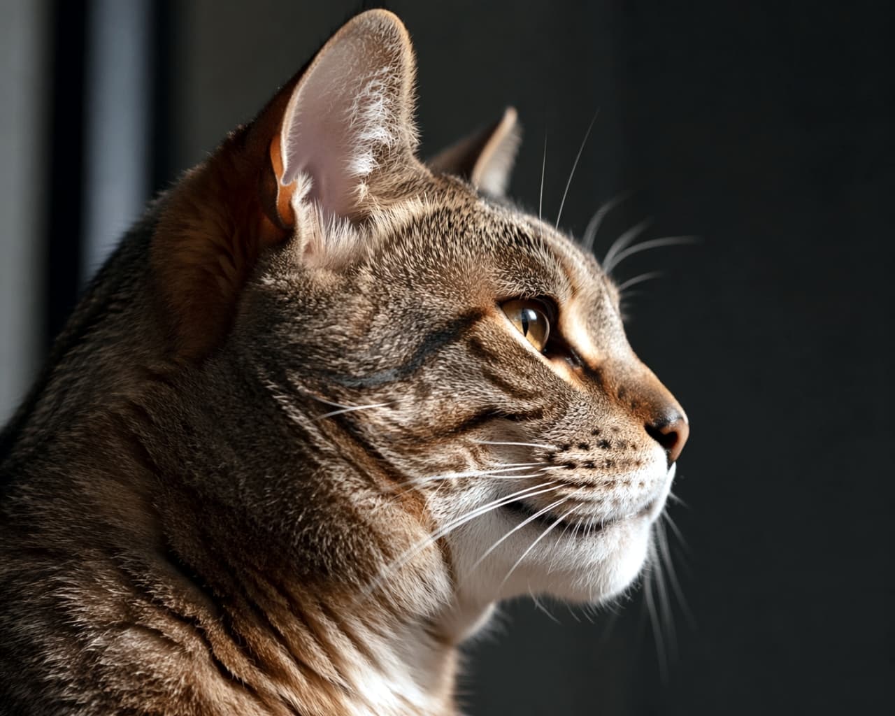 「キリッとした横顔がイケメンすぎる…✨静寂を感じる美しい1枚です📸 #猫のいる暮らし #キジトラ」Ultra-realistic high-quality photograph of a calm tabby cat in profile against a dark background, showing intricate details of its fur and whiskers. 暗い背景に浮かび上がる、キジトラ猫の落ち着いた表情の美しい横顔をとらえた超高画質写真。毛並みやヒゲの1本1本まで鮮明に描写されている
