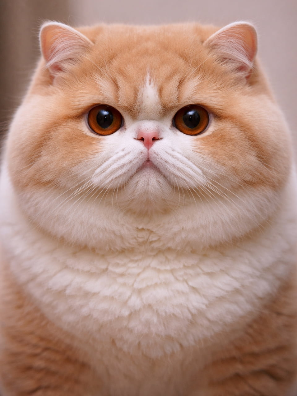 「まん丸おめめに見つめられたらイチコロ😍 ふっかふかのボディがたまらない！ #猫好きさんと繋がりたい #癒し猫」Ultra-realistic high-quality photograph of a round-faced orange and white cat looking directly at the camera, featuring large expressive eyes, a pink nose, and a softly blurred background. ふわふわとしたオレンジと白の毛並みが特徴的な丸顔の猫の正面ポートレート。大きく丸い瞳とピンク色の鼻が印象的で、背景は柔らかくぼかされている