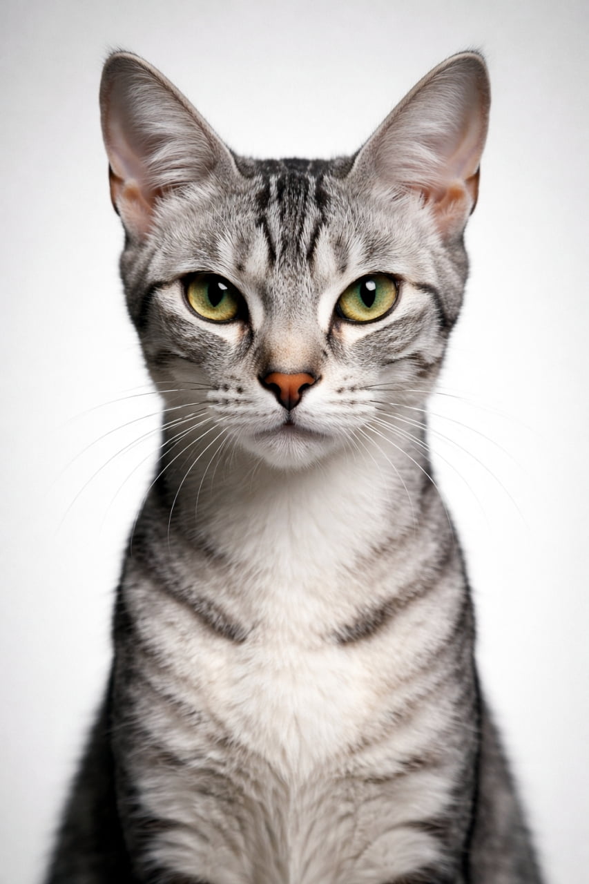 「モデルさんのような端正な顔立ちのシルバータビーちゃん✨ クールな視線が素敵です！🐾」Ultra-realistic high-quality photograph of a beautiful silver tabby cat in a front-facing portrait. Featuring symmetrical facial features and clear green eyes against a clean white background. 美しい被毛を持つシルバータビー猫の正面ポートレート。整った顔立ちと澄んだ緑色の瞳が特徴的で、白くクリーンな背景で撮影されている