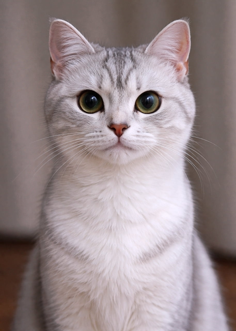 「吸い込まれそうな透明感💎 まん丸お顔とパッチリおめめにメロメロです😍 #シルバータビー #猫部」Ultra-realistic high-quality photograph of a silver tabby cat with a round face and large, clear eyes, sitting in front of a light, soft background. 明るい背景の前に座る、シルバータビーの猫の正面ポートレート。丸い輪郭、淡いグレーの縞模様、そして大きく澄んだ瞳が透明感を感じさせる