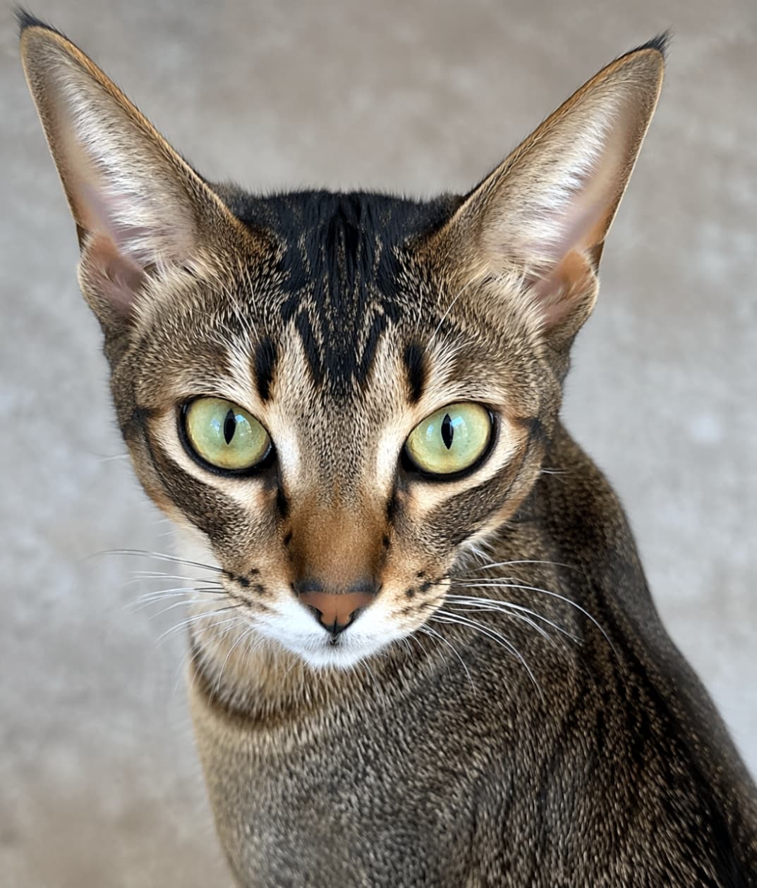 「ピンと立ったお耳と、何か言いたげな真剣なお顔がたまらない！🧐 じっと見つめられると目が離せなくなりますね👀」An ultra-realistic high-quality photograph of a stylish cat looking up at the camera with a serious expression, featuring large ears and green almond-shaped eyes. 少し上目遣いでカメラを真剣に見つめる、大きな耳とアーモンド型の緑色の瞳が特徴的な猫の写真。短く密生した毛の美しい模様が詳細に表現されています