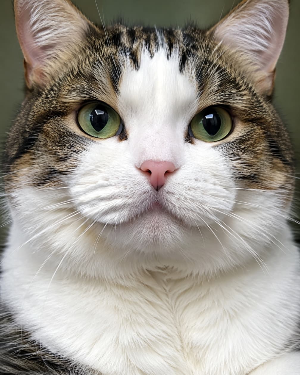 「吸い込まれそうなエメラルドの瞳…💎✨ キリッとしたお顔とふわふわの胸毛のギャップが最高です🐾 #キジ白 #猫好きさんと繋がりたい」Ultra-realistic high-quality portrait photograph of a tabby and white cat facing forward, featuring beautiful emerald green eyes, fluffy white chest fur, and a striking expression. 美しいエメラルドグリーンの瞳を持つ、キジ白猫の正面からのポートレート写真。ふさふさの白い胸毛とキリッとした表情が特徴的