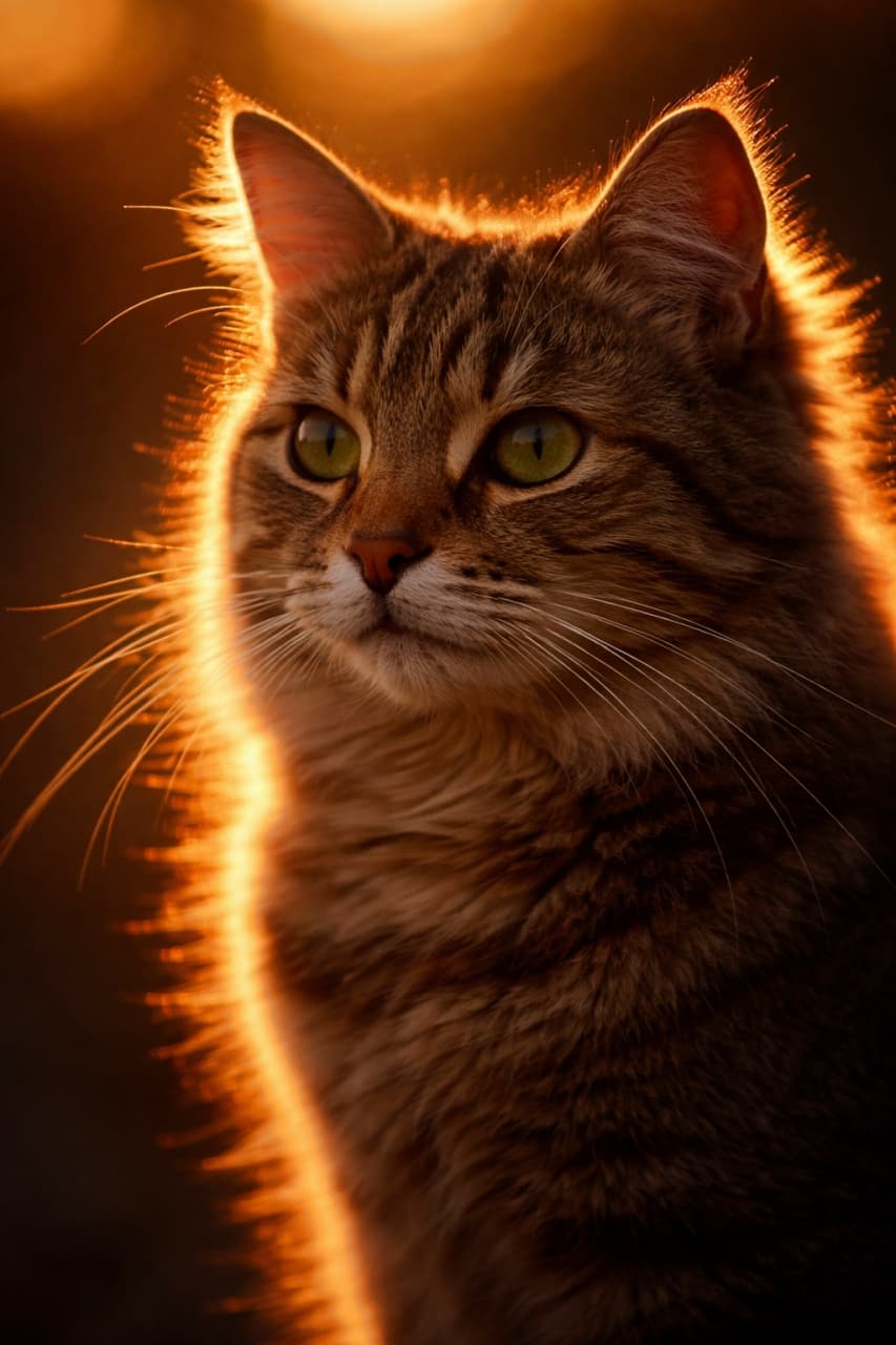 「夕日を浴びて神々しい✨ふわふわの毛並みが光に透けてとっても綺麗です🌇🐈 #夕暮れニャンコ #猫好きさんと繋がりたい」Ultra-realistic high-quality photograph of a long-haired tabby cat bathed in golden sunset backlight, creating a glowing silhouette. 美しい夕日の逆光を浴びて輪郭が黄金色に輝く、長毛のトラ猫の超高画質写真。ドラマチックな光と影が魅力的