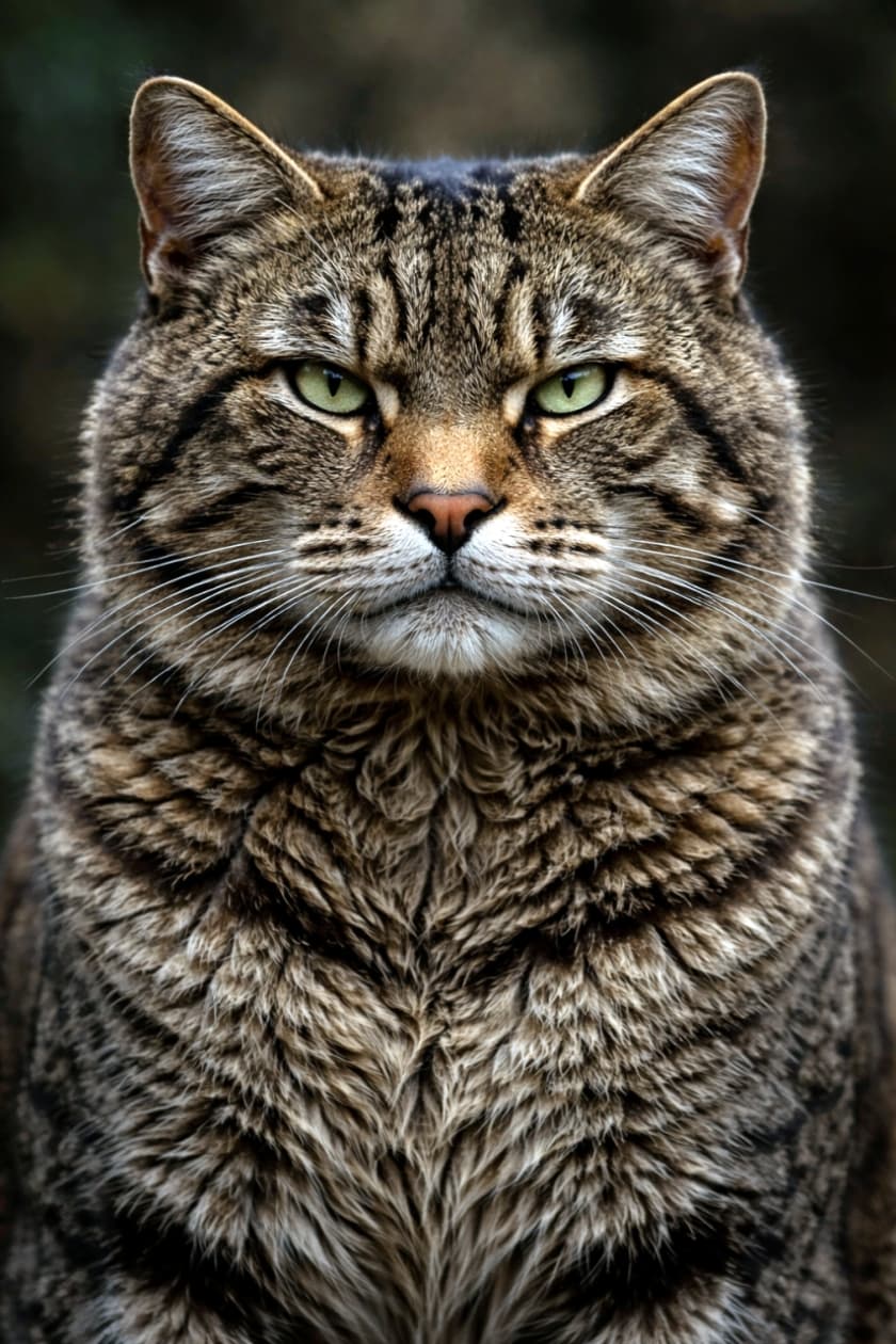 「百獣の王のような貫禄！🦁 力強い眼差しが、見る人の心をグッと惹きつける魅力的な一枚です✨」An ultra-realistic high-quality photograph of a wild-looking tabby cat with thick fur and an intense stare, set against a dark natural background. 野生動物のような鋭い眼差しと豊かな毛並みを持つ、大柄なキジトラ猫の正面ポートレート。暗めの自然背景と相まって、野性味と力強さが強調されています