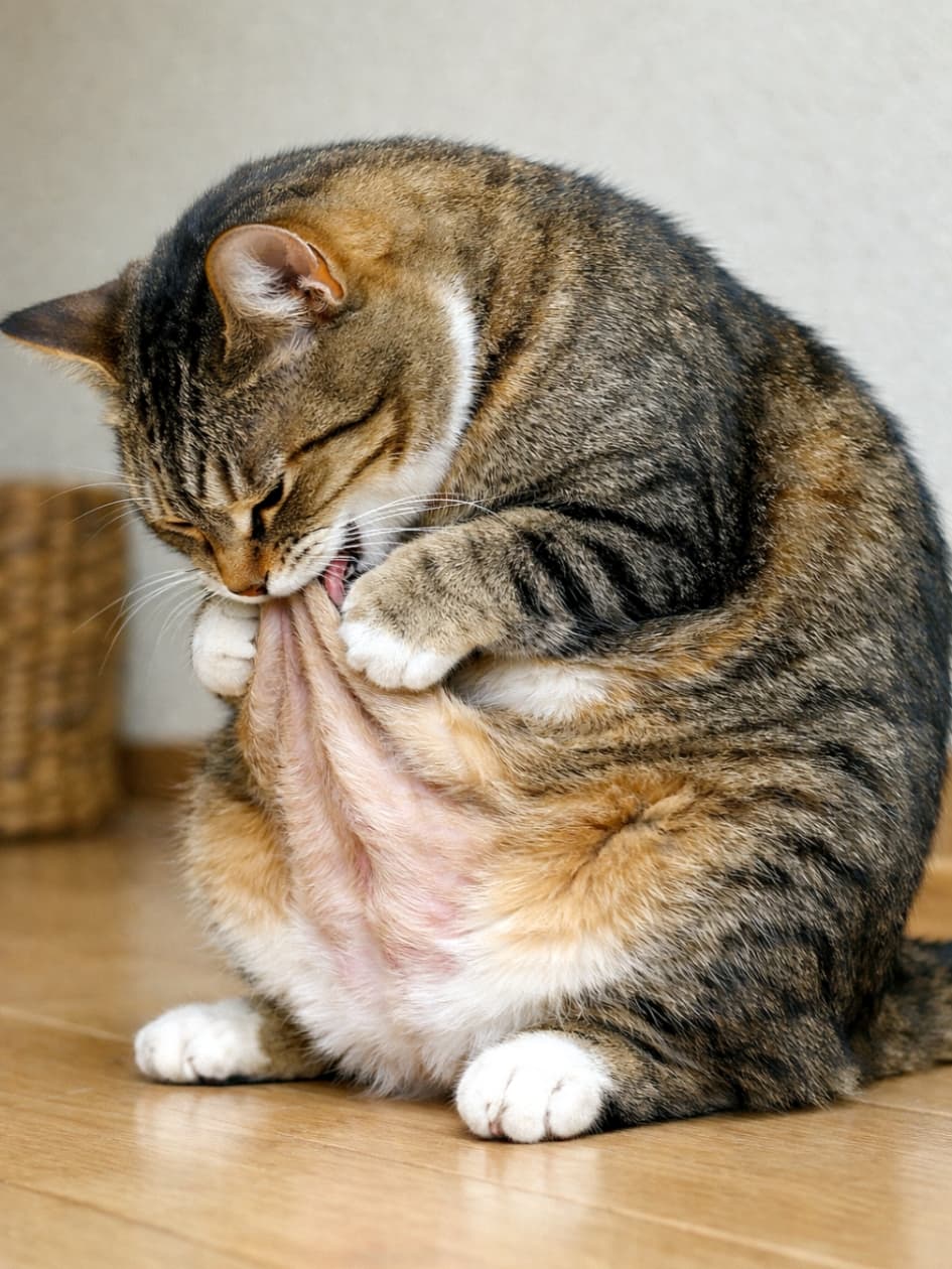 「お腹のお肉をムニムニしながら一生懸命グルーミング中！柔らかそうなタプタプのお腹に思わず顔を埋めたくなりますね😹🧼」A chubby tabby cat sitting on a wooden floor, bending its head down to deeply groom and bite the loose, pinkish skin of its belly pouch with intense focus. 木の床に座り込み、自分のお腹のたるんだ皮膚（ルーズスキン）を両手で押さえながら、熱心に毛づくろいをして噛んでいるキジトラ猫