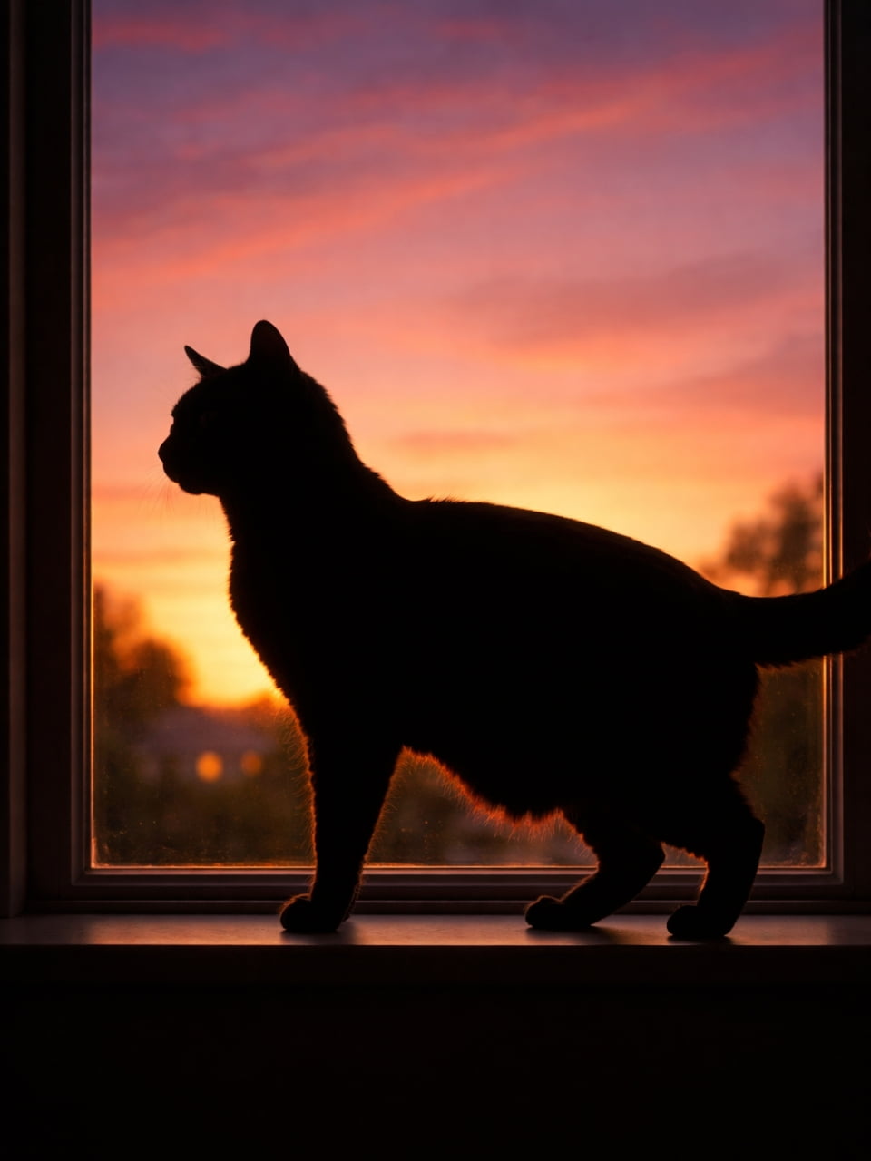 「マジックアワーの美しい空と猫のシルエット✨エモさ満点のロマンチックな一枚です🌆💕」Ultra-realistic high-quality photograph of a beautiful cat silhouette standing at a window against a vibrant orange and purple sunset sky. 鮮やかなオレンジと紫の夕焼け空を背景に、窓辺に立つ猫の美しいシルエット