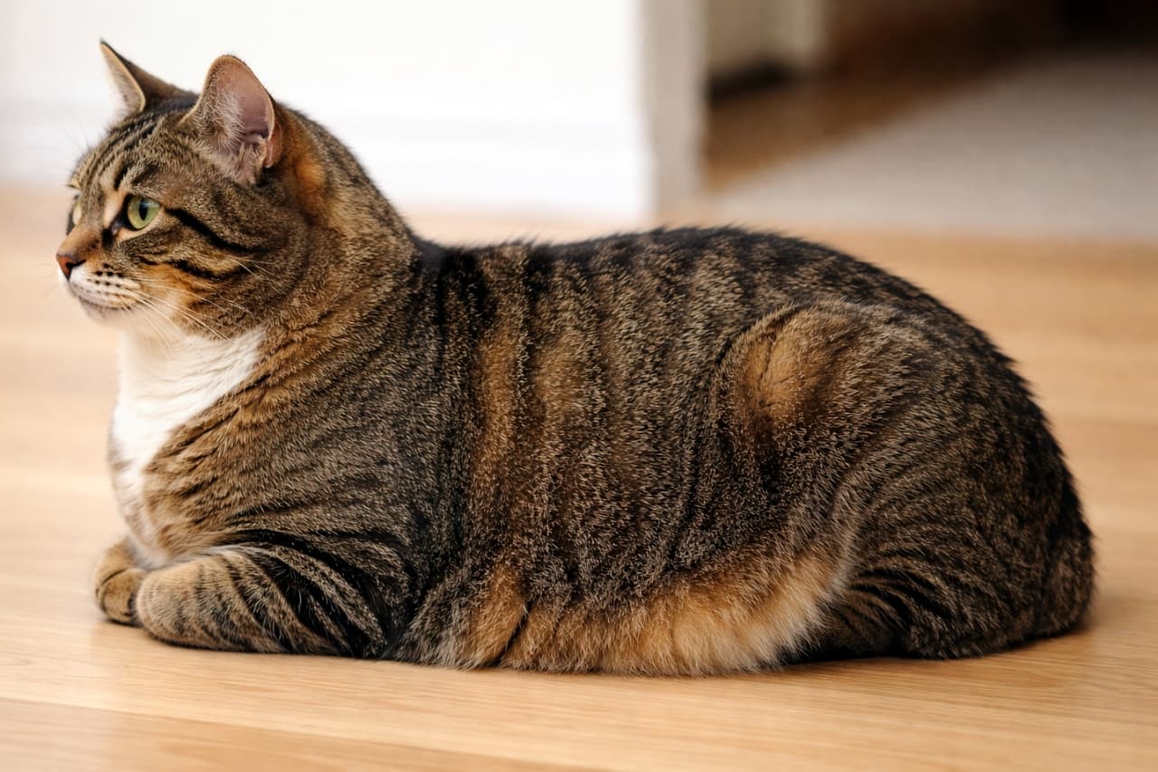 「もっちりボディがたまらない！フローリングでまったりくつろぎ中のキジトラ猫さん。横顔もイケメンですね🐱✨」A chubby tabby cat with a white chest resting peacefully in a loaf position on a light wooden floor, looking attentively towards the left side of the frame. 明るい木目の床の上で香箱座りのようにくつろぐ、白い胸元が特徴的なぽっちゃりとしたキジトラ猫。画面の左側をじっと見つめています