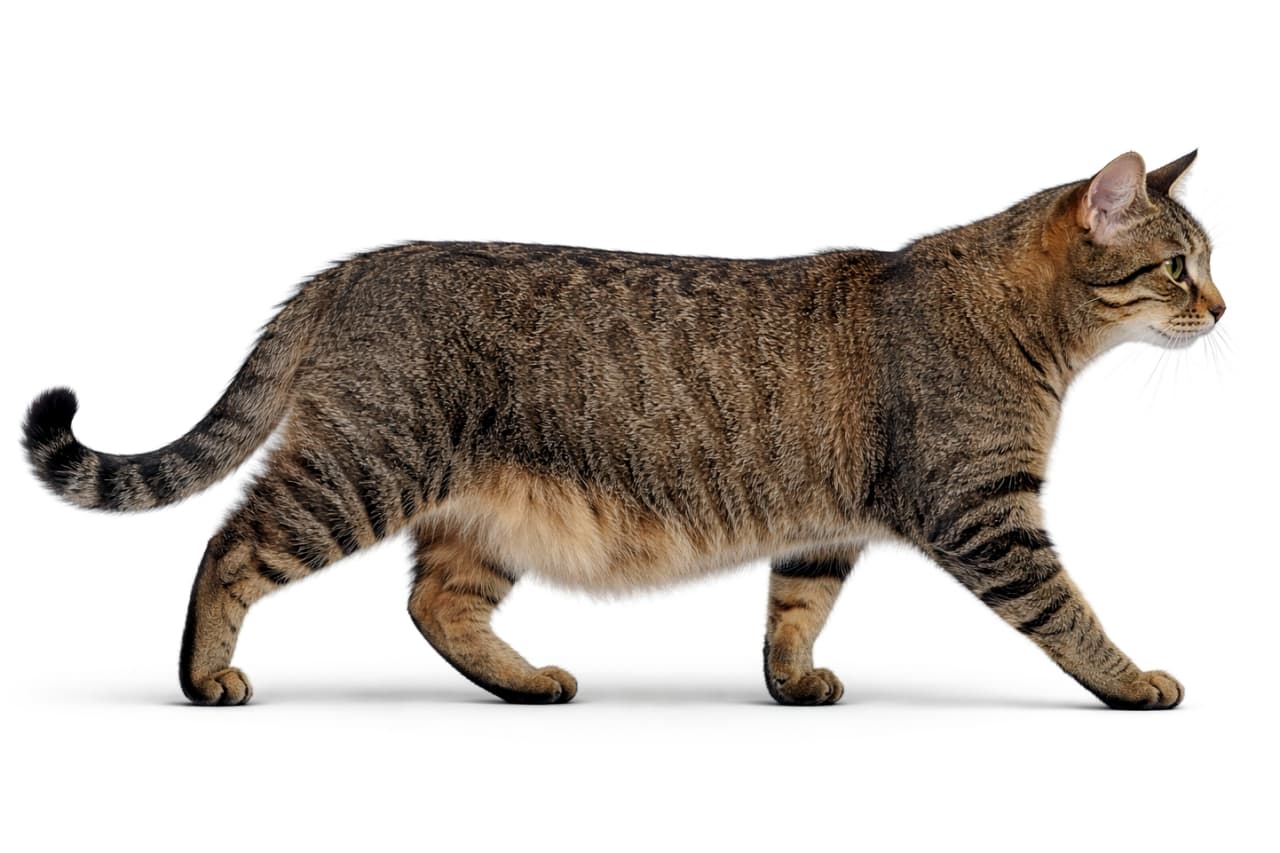 「トコトコ歩く姿がキュート！ルーズスキンがタプタプ揺れる、わがままボディなキジトラさんの横顔ショットです🐾🚶‍♂️」A side profile view of a slightly overweight tabby cat walking forward against a seamless white background, clearly showing its prominent belly pouch. 真っ白な背景の中を歩いているぽっちゃり体型のキジトラ猫の横顔。特徴的なルーズスキン（お腹のたるみ）がはっきりと確認できます