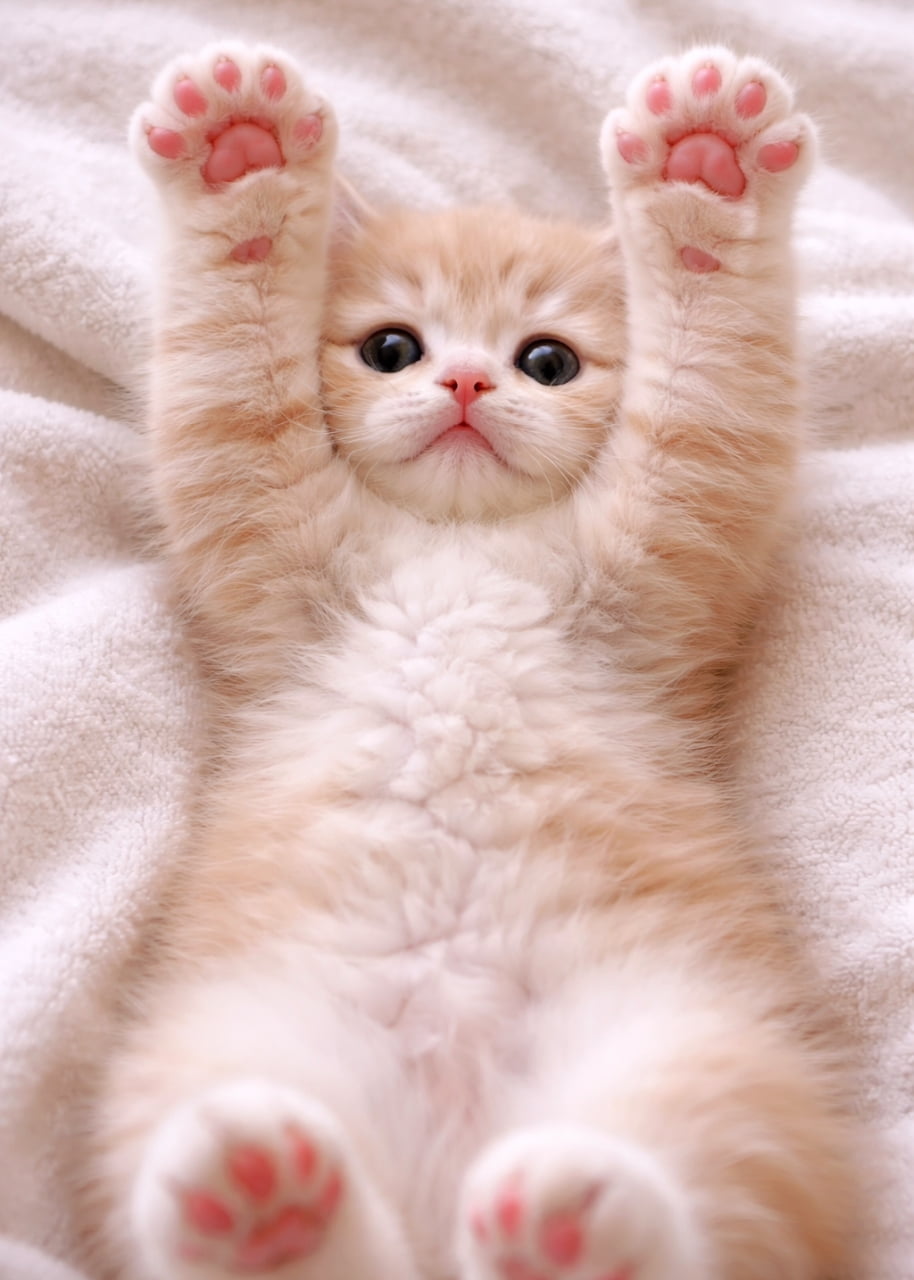 「無防備なバンザイポーズでお腹見せ🥰 ふわふわの毛並みとピンクの肉球が可愛すぎて癒される…！🐾✨ #子猫 #肉球 #猫好きさんと繋がりたい」Ultra-realistic high-quality photograph of an adorable cream tabby kitten lying on its back on a fluffy white blanket, with its front paws raised high in the air to show off bright pink toe beans. Vertical composition with soft lighting. ふわふわの白いブランケットの上で仰向けになり、両前足を高く上げてバンザイのポーズをしているクリーム色のトラ柄（茶トラ白）の子猫。綺麗なピンク色の肉球が強調され、くりくりの丸い瞳でこちらを見つめている、柔らかい自然光に包まれた縦長の高画質写真