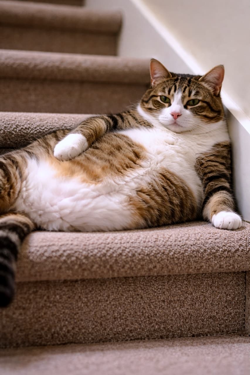 「階段の途中でどっしり休憩中🤭💕安心しきったぽってりお腹に癒されること間違いなし！🐾✨」Ultra-realistic high-quality photograph of a chubby tabby and white cat relaxing comfortably on carpeted stairs, looking directly at the camera. カーペット敷きの階段で、仰向けに近いリラックスした体勢でどっしりとくつろぐキジ白（トラ猫）の高画質写真。カメラ目線で落ち着いた表情をしている