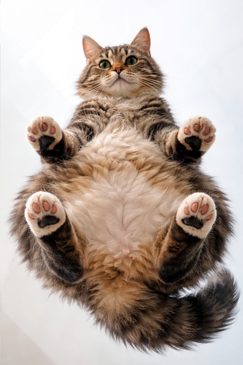 「ガラス越しのご褒美アングル😍裏側から見るモフモフお腹と、キュッと丸まった可愛い肉球のコンボがたまりません！🐾」A unique bottom-up perspective of a fluffy tabby cat resting on a transparent surface, showcasing its furry belly and curled paws with pink and black toe beans against a bright sky. 透明なガラスの上に座っているモフモフの猫を真下から見上げたユニークなアングル。柔らかそうなお腹の毛と、ピンクと黒の可愛い肉球がはっきりと見えます