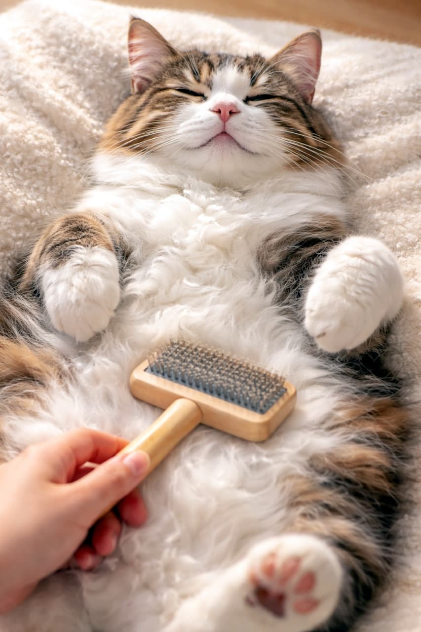 「すやすや夢の中だけど…飼い主さん、ブラシの向き逆ですよーっ🤣⁉️思わずツッコみたくなる一枚📸」Ultra-realistic high-quality photograph of a fluffy tabby and white cat lying on its back, with a wooden slicker brush resting on its belly playfully held upside down with the bristles facing up. 仰向けで目を閉じてくつろぐ長毛のキジ白猫のお腹に、木製のスリッカーブラシを当てている高画質写真。ただし、ブラシのピン（針）の面が上を向き、背の部分が猫に当たっている