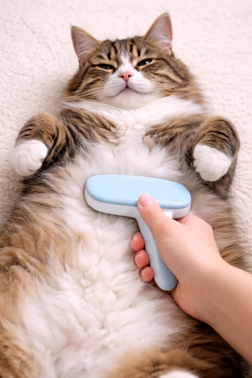 「へそ天でなすがまま〜🫠🪮気持ちよすぎてお顔がとろけちゃってる至福のブラッシングタイム✨」Ultra-realistic high-quality photograph of a fluffy tabby and white cat lying on its back, looking entirely relaxed while its belly is being groomed with a light blue pet brush. ラグの上で仰向け（へそ天）になった長毛のキジ白猫のお腹を、水色のペット用ブラシでとかしている様子を捉えた高画質写真。猫は目を細めて気持ちよさそうにしている