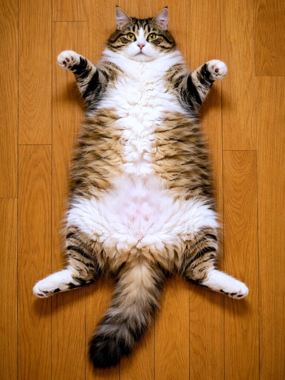 「「お腹モフってもいいニャンよ？」と言わんばかりのぱっかーんポーズ！もふもふのダイナマイトボディに癒されます💕」A highly fluffy tabby and white cat lying completely flat on its back on a wooden floor, with all four paws spread out, exposing its soft belly and looking directly at the camera. フローリングの床の上に仰向けに寝転がり、四肢を大きく広げてモフモフのお腹を無防備に見せながら、カメラをじっと見つめる長毛のキジトラ白猫