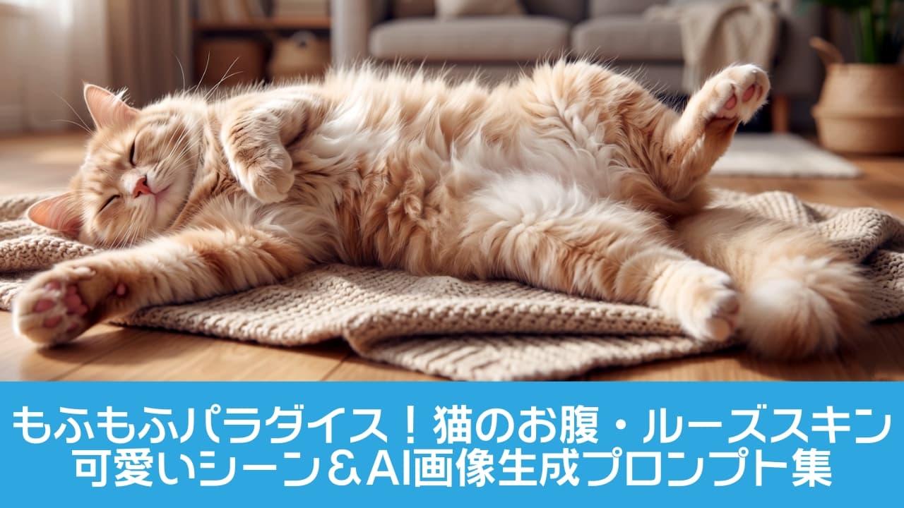 「ぽかぽかリビングで無防備すぎる「へそ天」お昼寝中…💤 ふわふわのお腹に顔を埋めたくなっちゃう🥺💕 #猫のいる暮らし #へそ天 #お昼寝猫」Ultra-realistic high-quality photograph of a fluffy orange cat sleeping comfortably on its back on a knitted blanket over a wooden floor in a cozy living room. It fully exposes its soft belly with its paws stretched out in a relaxed posture under soft natural daylight. 暖かい自然光が差し込むリビングルームのフローリングに敷かれたニットブランケットの上で、仰向けになって心地よさそうに眠るふわふわの茶トラ（長毛）猫。柔らかいお腹を完全に見せ、前足と後ろ足をリラックスさせて伸ばしている。背景にはソファや観葉植物がぼかして写っている高画質な写真