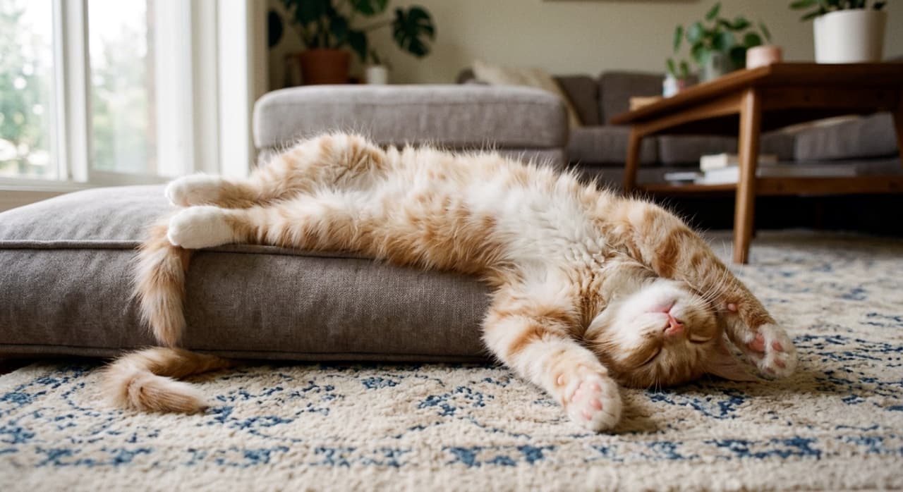 「ヘソ天でソファからとろ〜ん滑り落ち中🐾 バンザイ寝で完全リラックスのオレンジトラちゃん、脊椎のカーブが芸術的💕」A photorealistic horizontal photograph of a ginger tabby kitten lying on its back, half sliding off a gray sofa cushion onto a patterned carpet floor. The fluffy belly is fully exposed facing upwards, with all four paws stretched out. The natural, safe curve of the spine from the sofa to the floor is depicted. Soft natural light. 写実的な横長写真。ソファのクッションから仰向けで滑り落ち、カーペットの床で寝ているオレンジトラ（ジンジャー）の子猫。ふわふわのお腹を真上に向け、前脚と後脚をバンザイするように伸ばしている。柔らかい自然光の中、脊椎の自然な曲線が描写されている。背景には居心地の良い室内が見える