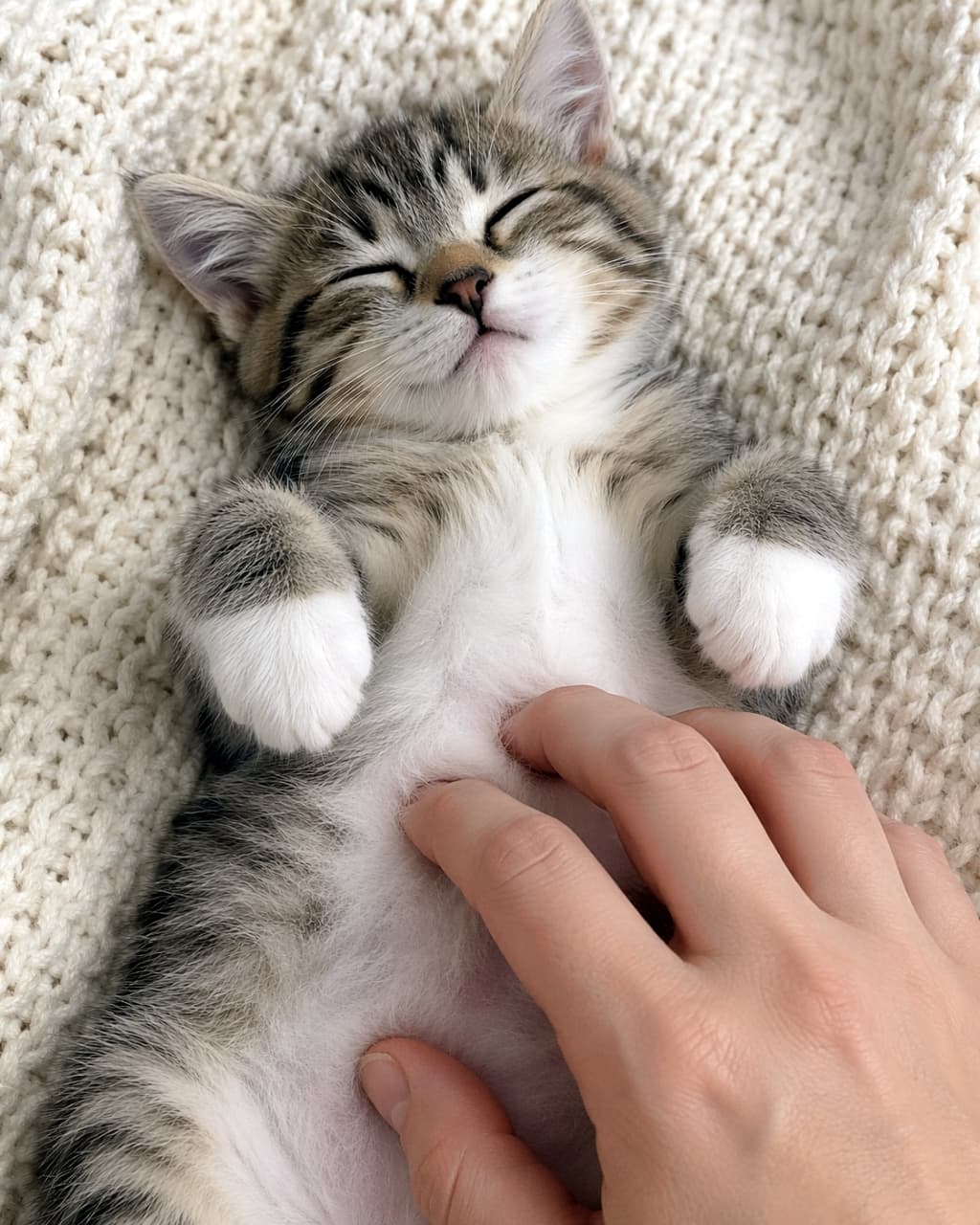 「お腹ナデナデされて極楽気分〜☁️ずっと見ていられる幸せなひととき🥰 #猫好きさんと繋がりたい #へそ天」Ultra-realistic high-quality photograph of a happy tabby and white kitten lying on its back on a knit blanket, eyes closed while getting a belly rub from a human hand. 白いニットのブランケットの上で仰向けになり、人の手でお腹を撫でられて目を細めるキジトラ白の子猫。温かみのある高画質でリアルな写真