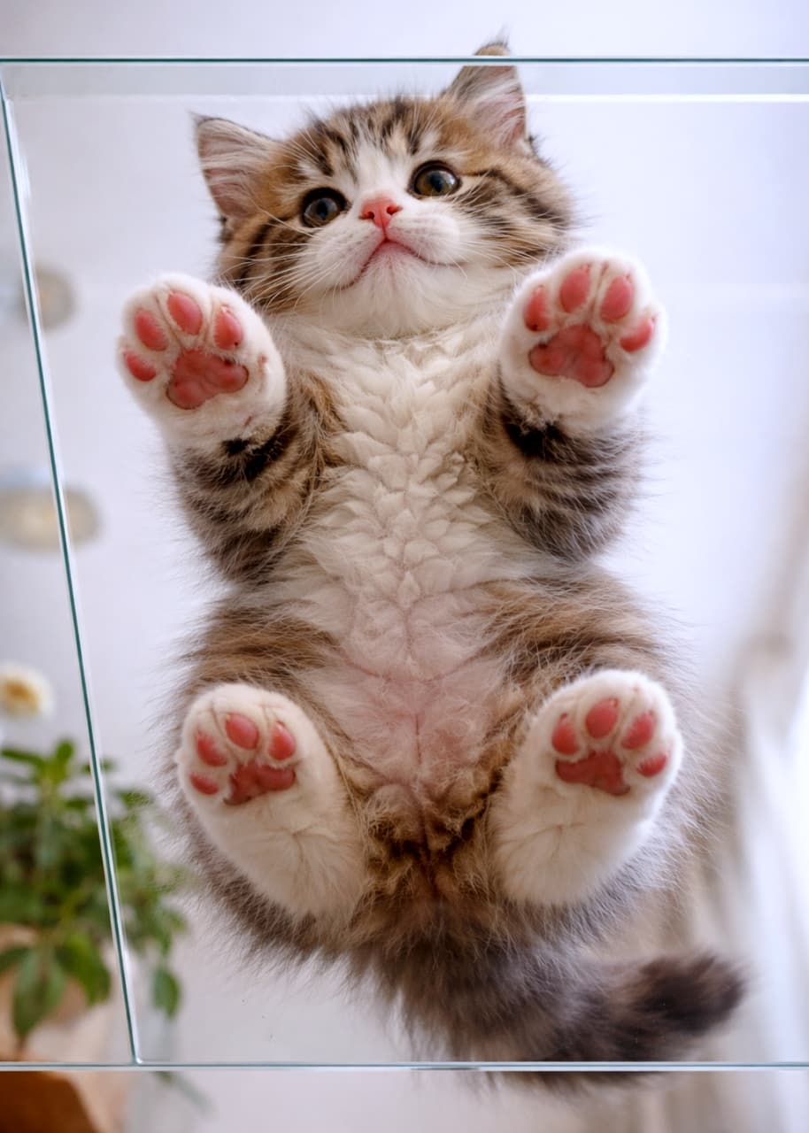 「ガラス越しに広がるぷにぷに肉球ワールド🐾ふわふわのお腹と無邪気な視線に、思わず頬がゆるむ一枚です✨」A kitten standing on a clear glass table, viewed from below, pressing its soft paw pads against the surface with its fluffy belly visible. 透明なガラステーブルの上に立つ子猫を下から撮影。肉球をガラスに押し当て、ふわふわのお腹が見えている様子