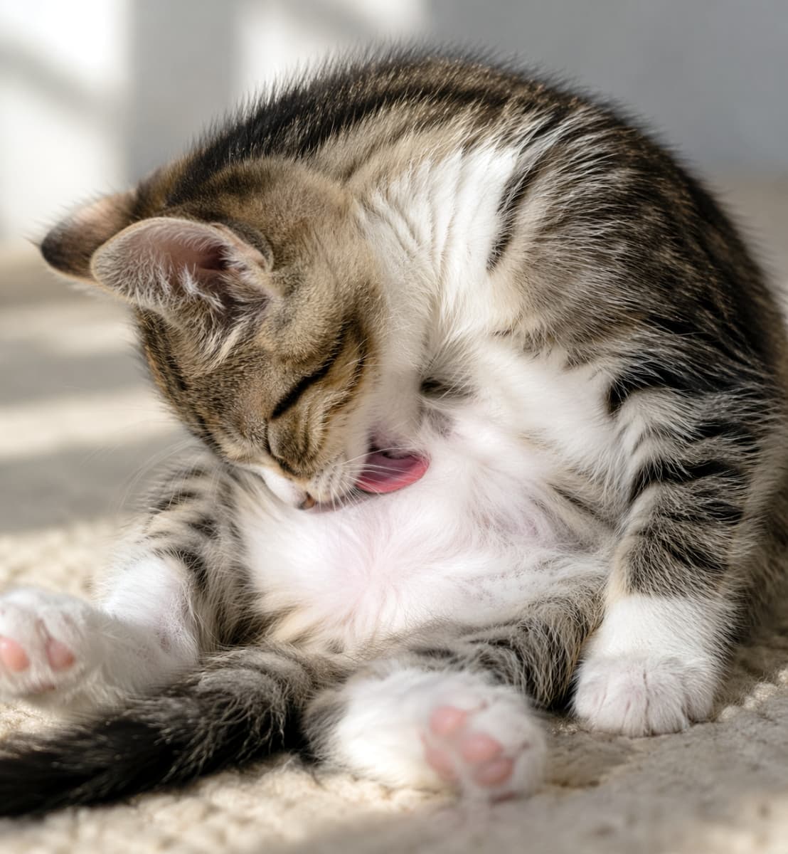 「日向ぼっこしながら身だしなみチェック✨ピンクの舌が可愛いね👅🐾 #毛づくろい #子猫」Ultra-realistic high-quality photograph of a tabby and white kitten sitting and grooming its belly with its tongue in warm sunlight. 暖かい日差しを浴びながら、座って一生懸命にお腹の毛づくろいをしているキジトラ白の子猫。毛並みの質感が伝わる高画質でリアルな写真