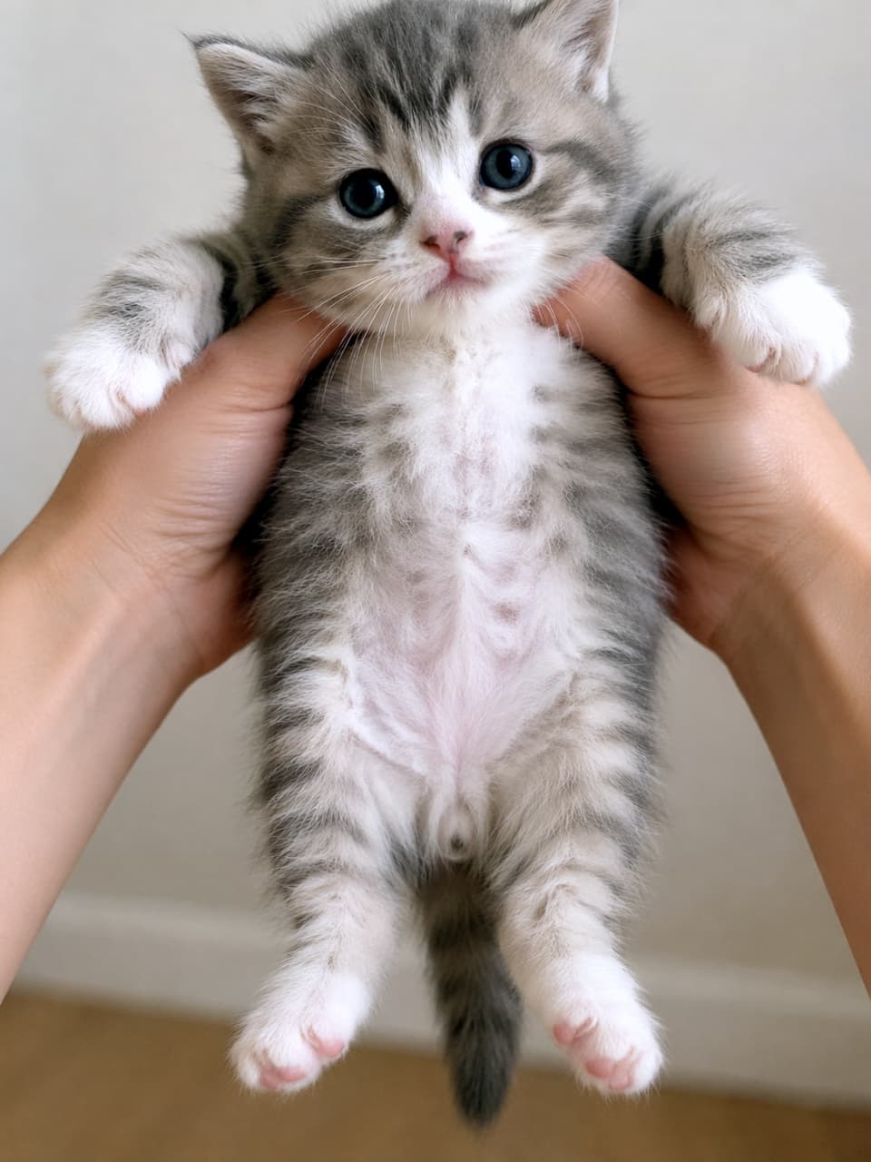 「高い高いされて、ちょっとキョトン顔？👀 ぶらーんとなった後ろ足と、無防備に見えちゃってるお腹が最高にキュートです🙌💖」A human holding up a small tabby and white kitten by supporting it under its front arms, showcasing the kitten's dangling hind legs, soft belly, and gentle stare. 人間の手によって両脇を抱えられて持ち上げられた小さなキジトラ白の子猫。ぶらんと垂れ下がった後ろ足や柔らかいお腹、そして優しい眼差しが特徴的
